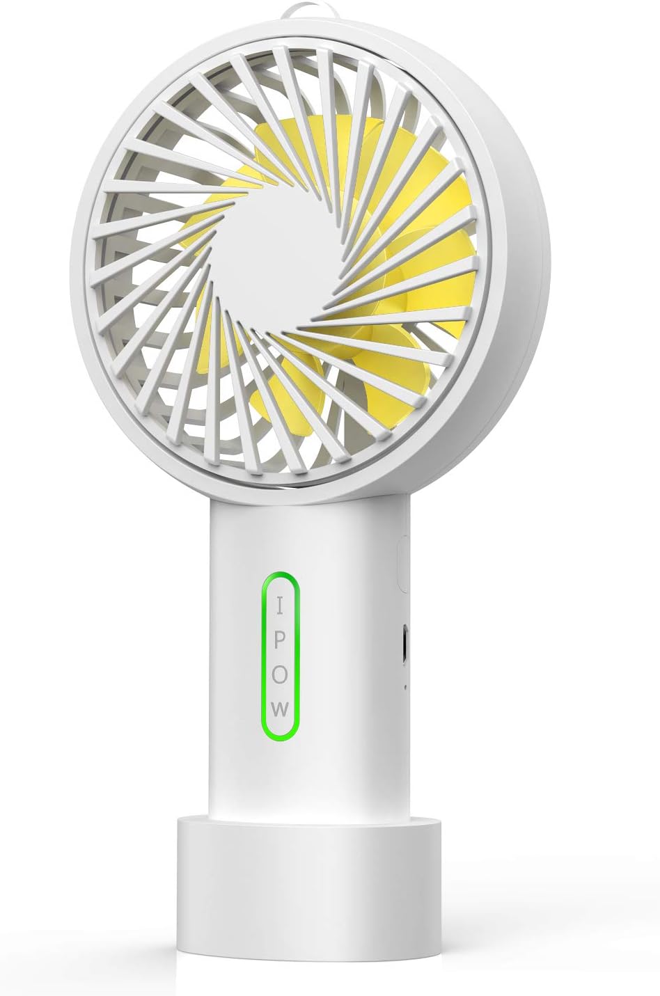 IPOW Mini Handheld Fan Personal Portable Fan 3 Speed Adjustable Angle Removable Base Lanyard USB Recharging Battery Operated Small Desk Cooling Face Fan for Home Camping Disney Travel Icy White