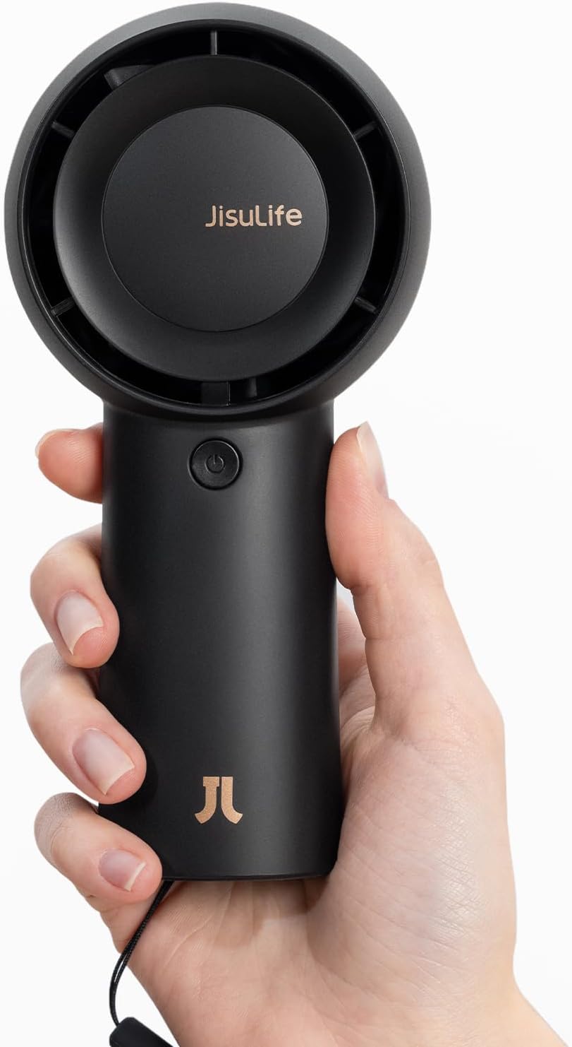 JISULIFE Portable Handheld Turbo Fan [18H Max Cooling Time], 6000mAh USB Rechargeable Personal Battery Operated Lash Small Pocket Fan with 5 Speeds for Travel/Outdoor/Home/Office - Black