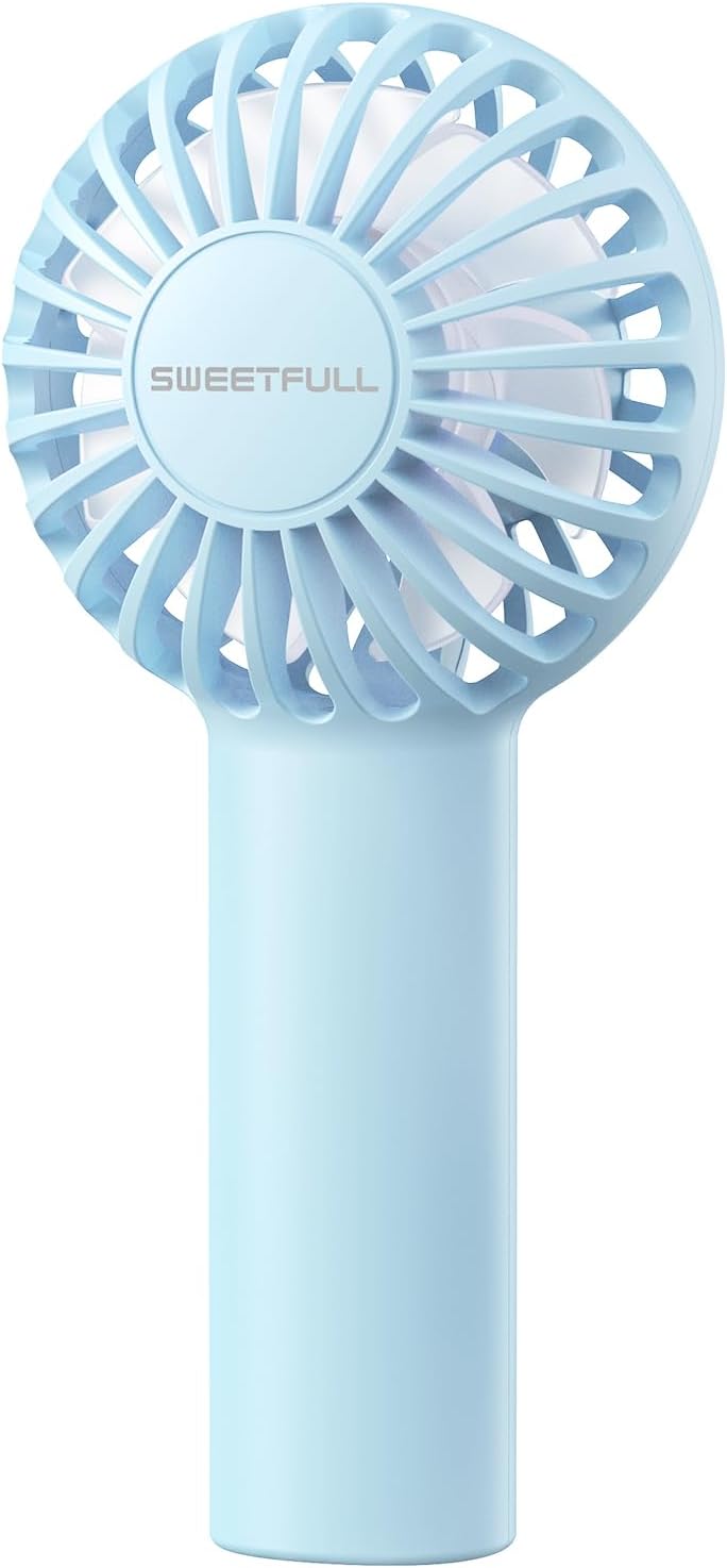 SWEETFULL Mini Portable Fan Powerful Handheld Fan Rechargeable,3 Speeds Personal Small Hand Fan for Travel Makeup Eyelash Fan for Stylish Kids Girls Women USB Cute Design Light Blue