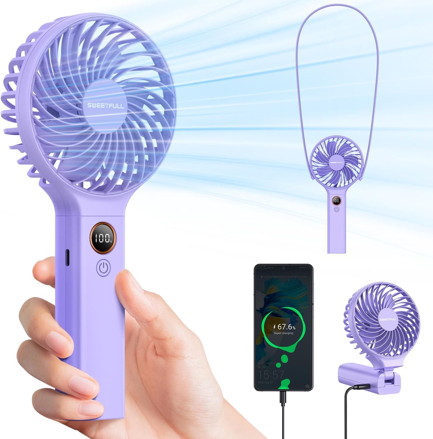 SWEETFULL Handheld Fan,5000mAh Portable Fan Mini fan Small Personal Fan with Backup Power,Desk Fan Hand Held Fan Rechargeable Battery Operated Cooling Electric Fan for Women Girl Travel Office