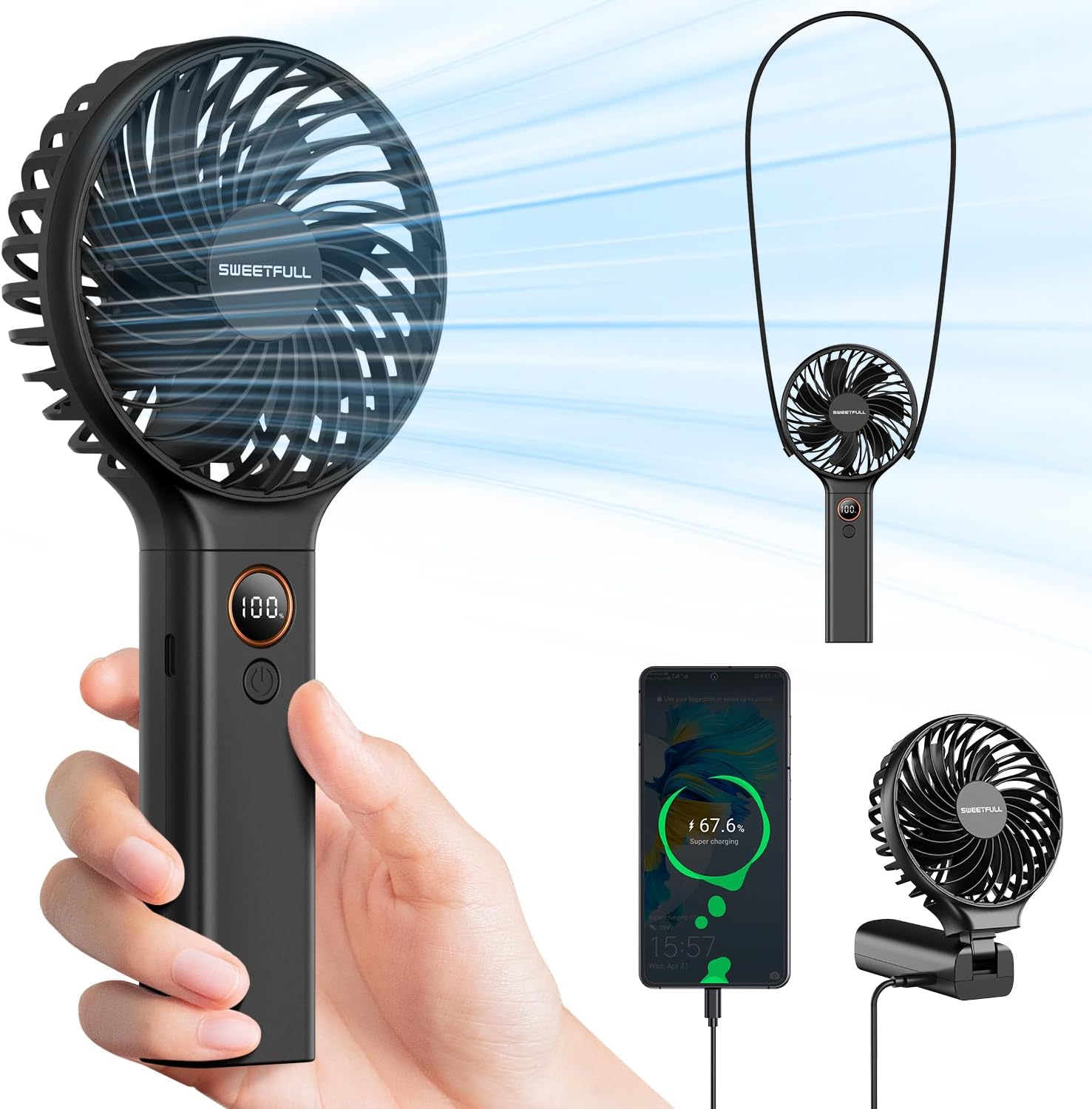 SWEETFULL Handheld Fan,5000mAh Portable Fan Mini fan Small Personal Fan with Backup Power,Desk Fan Hand Held Fan Rechargeable Battery Operated Cooling Electric Fan for Women Girl Travel Office