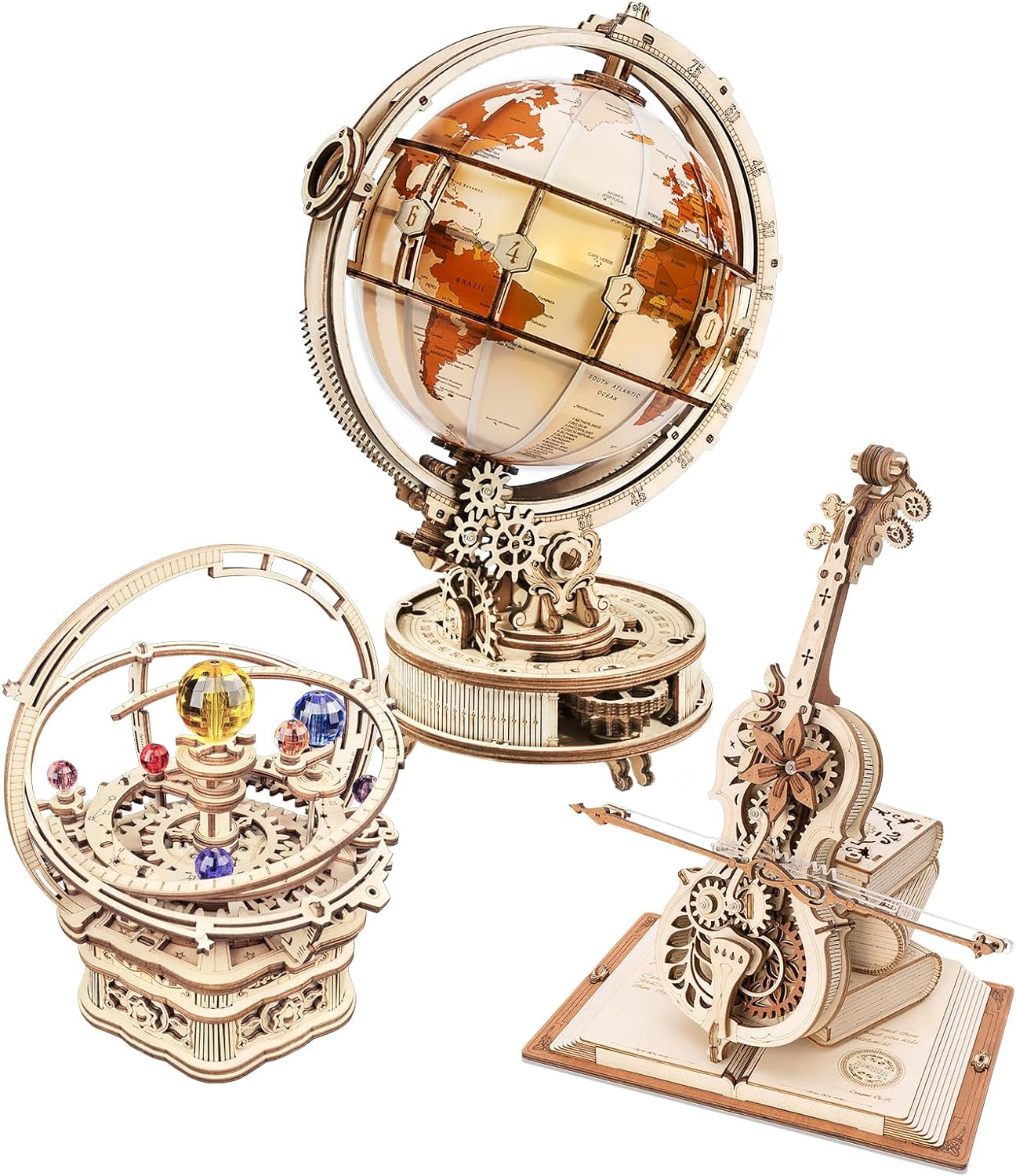 ROKR 3D Wooden Puzzles for Adults Bundle Set - Illuminous Globe & Orrey Music Box & Cello Music Box, Unique Gift Hobby for Boys Girls Family