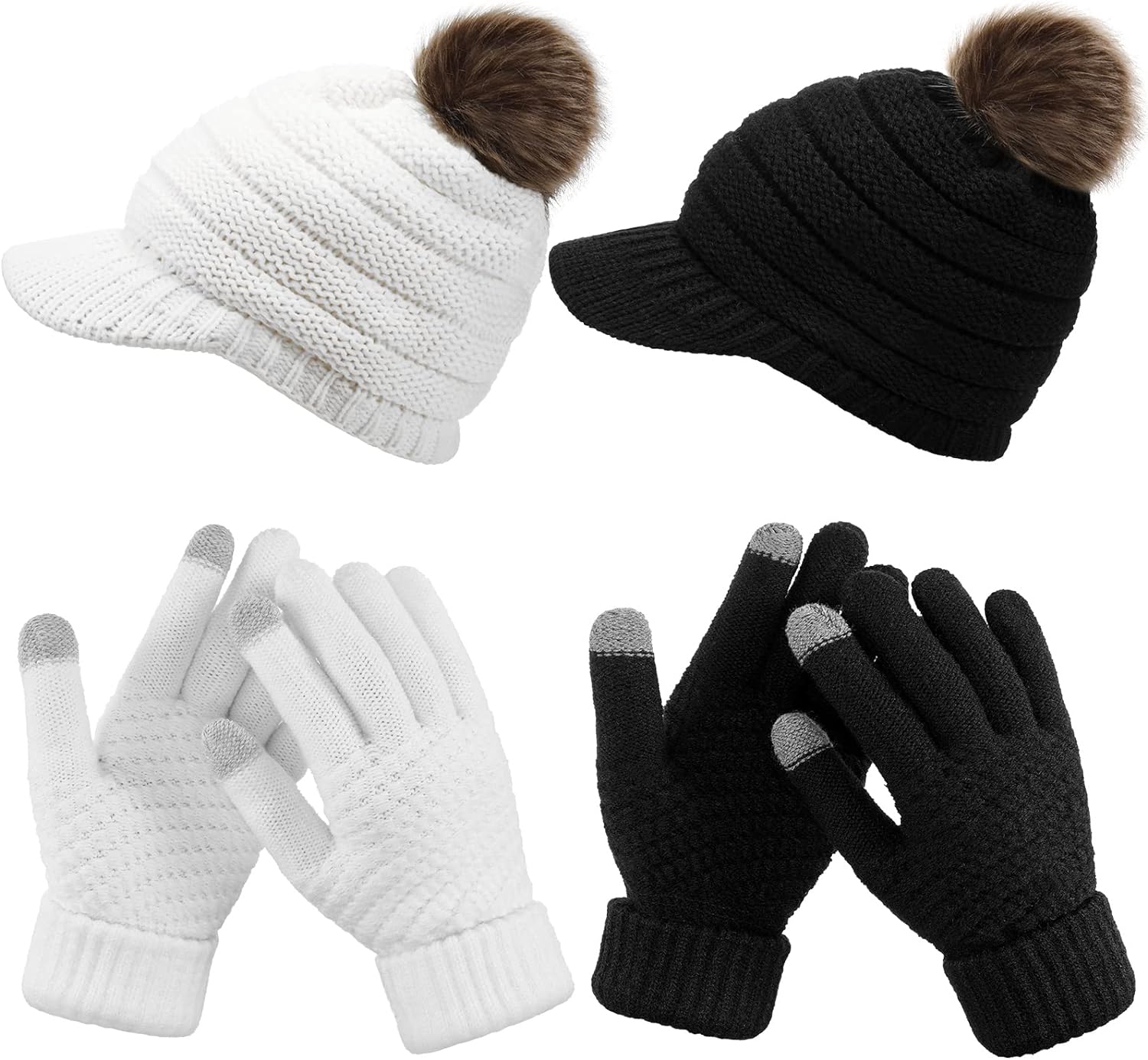 Zhanmai 4 Pieces Women Knitted Beanie Hat Glove Set Includes 2 Pcs Visor Brim Pom Beanie Hat and 2 Pair Touchscreen Gloves (Black, White)