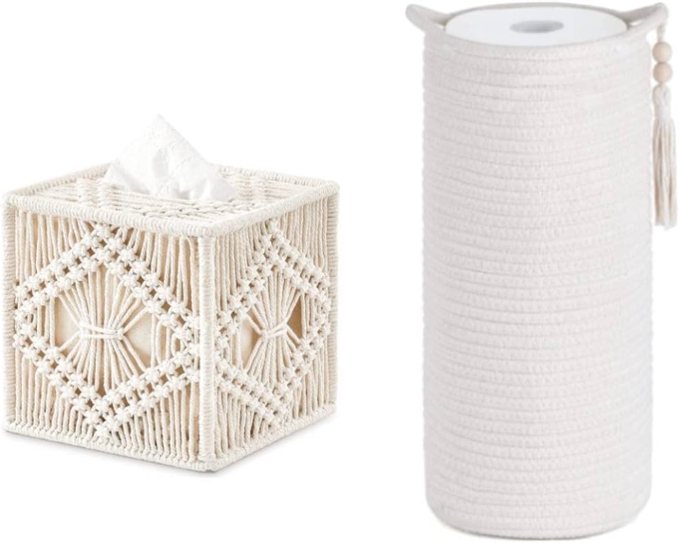 Mkono Tissue Box Cover Macrame Square Open-Bottom Tissue Box Holder and Woven Toilet Paper Roll Holder Boho Basket for Toilet Paper Storage