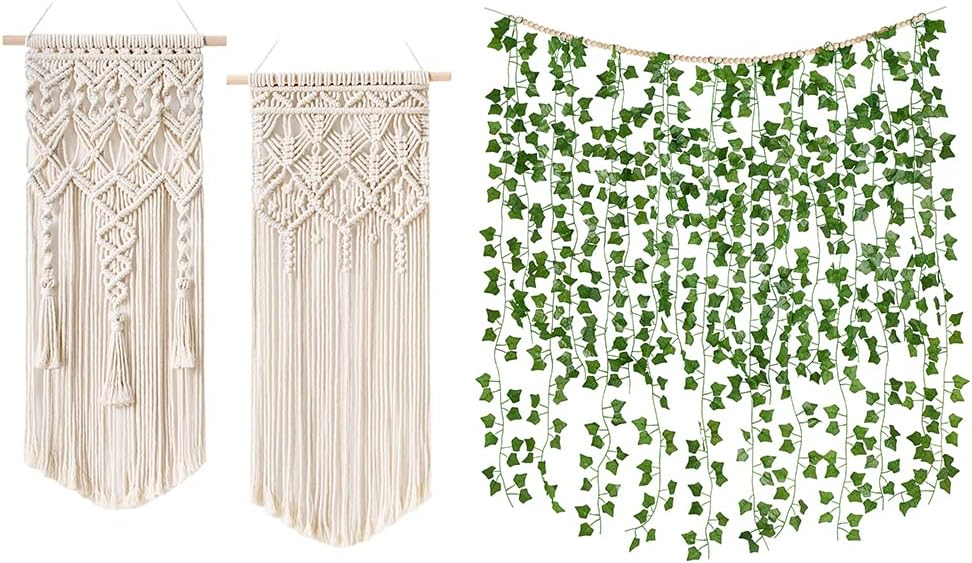 Mkono 2 Pcs Macrame Woven Wall Hanging and Fake Ivy Leaves Vines Boho Art Decor for Bedroom Home Living Room Kitchen Office Decor, Set of 3