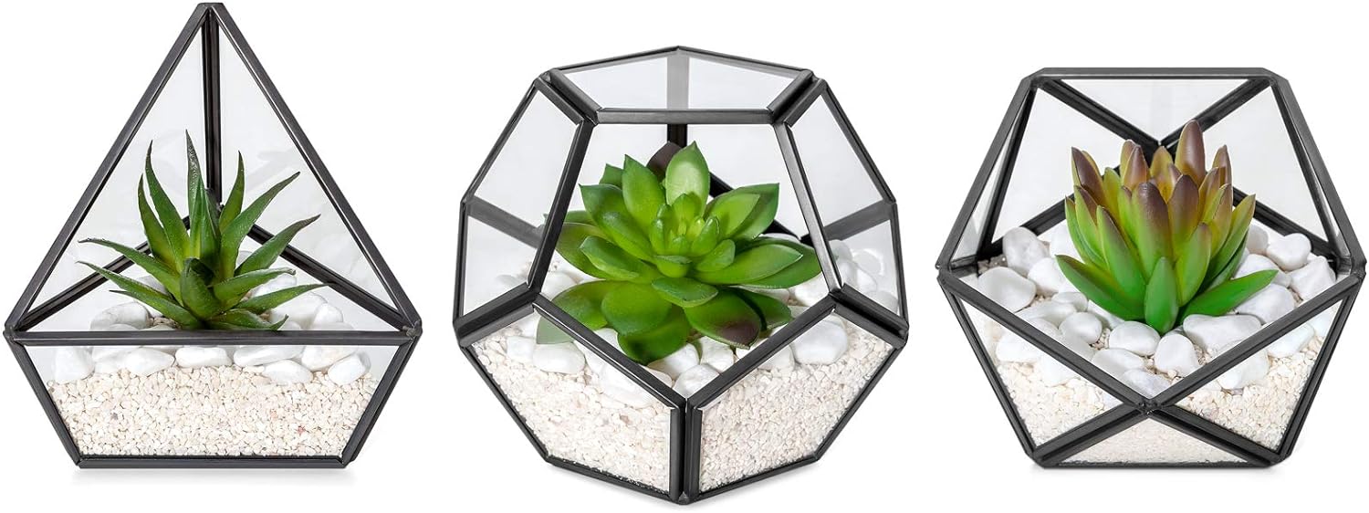 Mkono Artificial Succulent in 3 Pack Mini Glass Geometric Terrarium, Miniature Potted Faux Plant Bookshelf Desk Boho Office Room Decor for Women Girls Dorm Gift Idea, Black