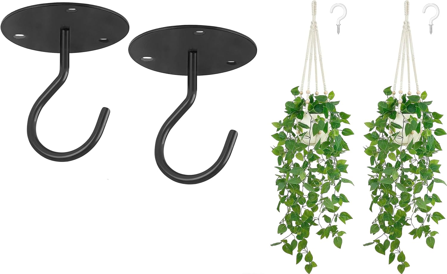 Mkono 2 Packs Fake Hanging Plant with Pot and Ceiling Hooks, Artificial Plants for Home Decor Indoor Macrame Plant Hanger with Fake Vines Faux Hanging Planter Greenery for Room Decor, Ivory (Pothos)