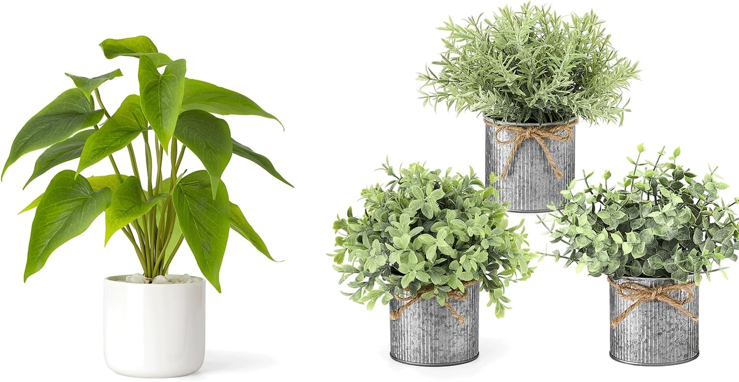 Mkono Mini Fake Plants in Farmhouse Table Centerpiece Rustic Home Decor Lightweight Potted Artificial Plants Faux Eucalyptus for Indoor Shelf Dining Room Office Decor