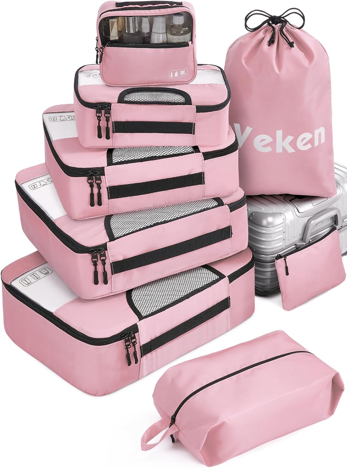 Veken 8 Set Packing Cubes for Suitcases, Travel Essentials for Carry on, Luggage Organizer Bags Set for Travel Accessories in 4 Sizes(Extra Large, Large, Medium, Small), Pink