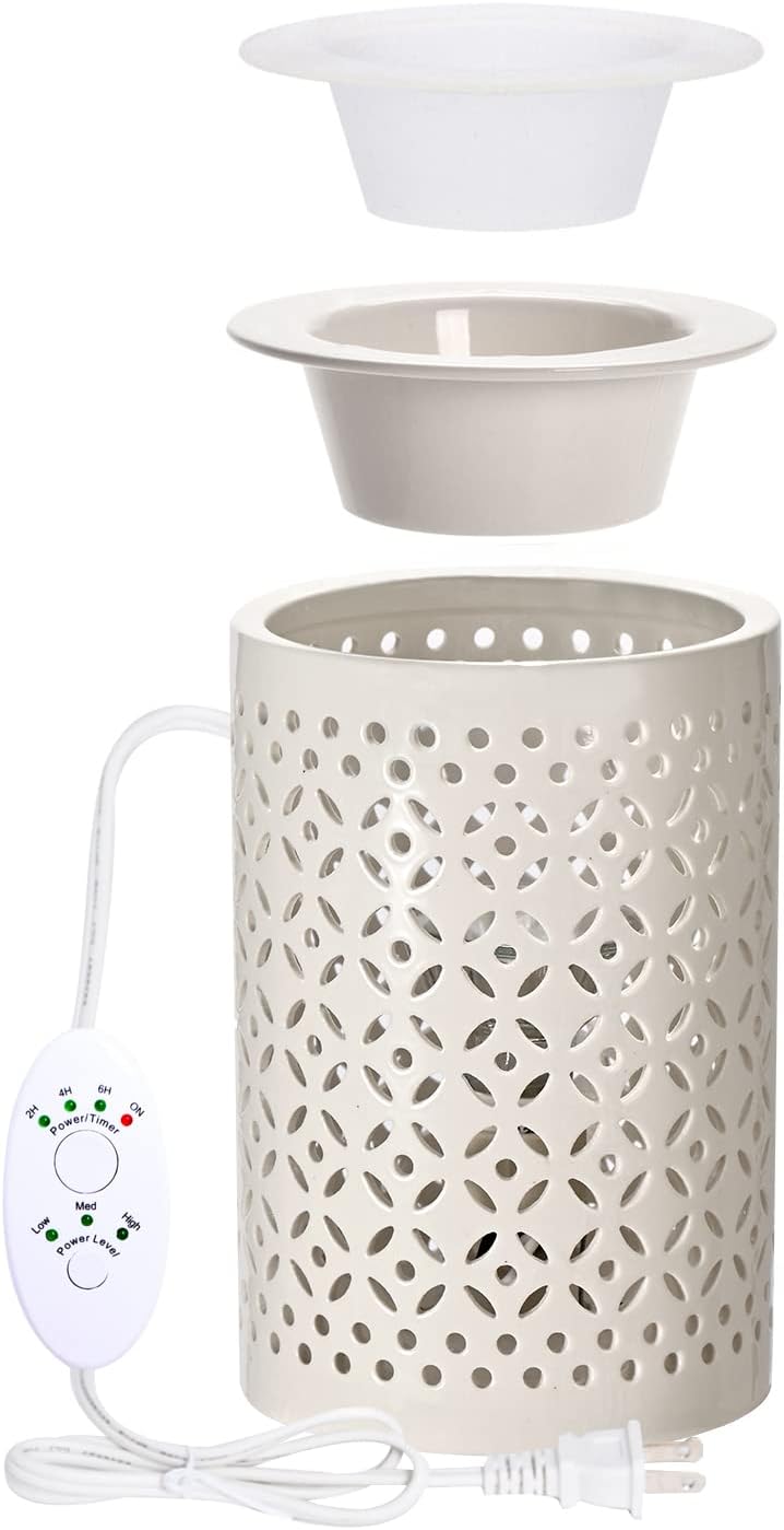 ASAWASA Ceramic Wax Melt Warmer with Timer and Silicone Dish,Candle Wax Warmer for Scented Wax & Essential Oils,Ideal Gift for Home Office Kitchen(Long White)