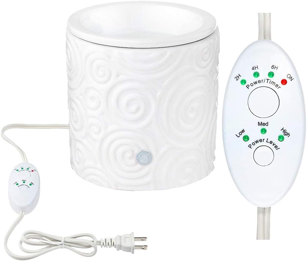 White Swirl Ceramic Candle Warmer Electric with Safety Timer | Automatic Plug in Fragrance Warmer for Scented Wax Melts, Cubes, Tarts | Air Freshener Set for Home Dcor, Office, and Gifts