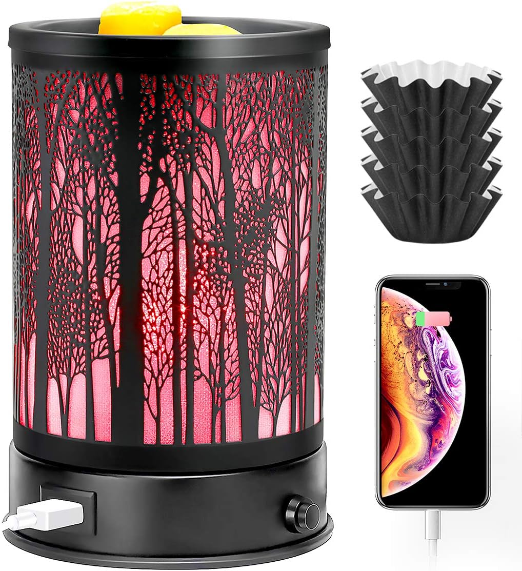 Wax Melt Warmer for Scented Wax with USB Charging 7 Colors LED Lighting Oil lamp Wax Melts Burner Electric Melter Candle Warmer Classic Black Forest Design for Fragrance Home Dcor,Gifts