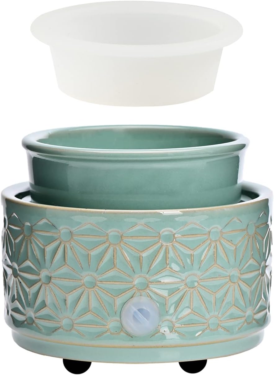 ASAWASA Wax Melt Warmer with 1 pc Silicone Dish,3-in-1 Ceramic Wax Melter Burner for Kitchen Home Spa Yoga Gift (Cyan Hexagon Pattern)