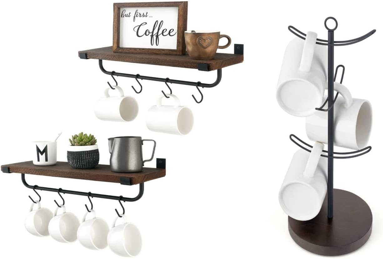 Mkono Set of 2 Mug Holder Wall Mounted Coffee Mug Rack and Mug Holder Tree, Coffee Cup Holder for Countertop with 6 Hooks