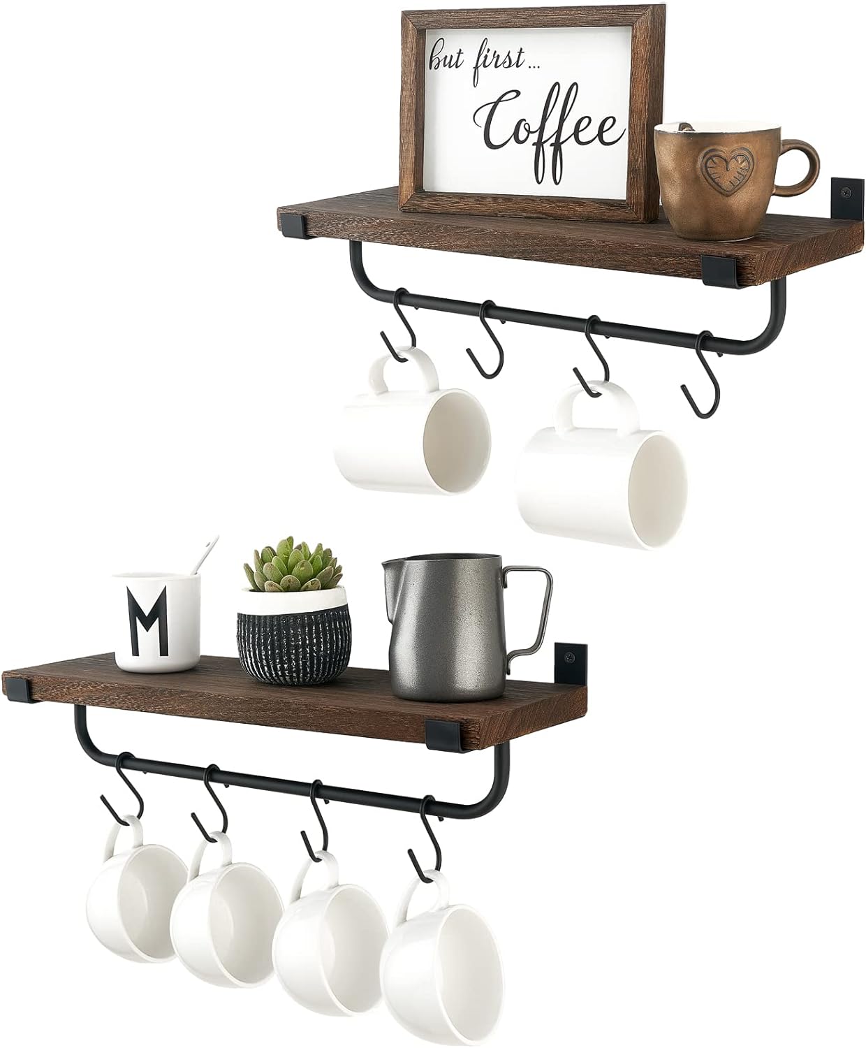 Mkono Mug Holder Wall Mounted Coffee Mug Rack Set of 2 Rustic Floating Shelf for Coffee Bar Accessories Wood Tea Cup Hooks Hanger for Organizing Cooking Utensils, Home Kitchen Decor, Brown