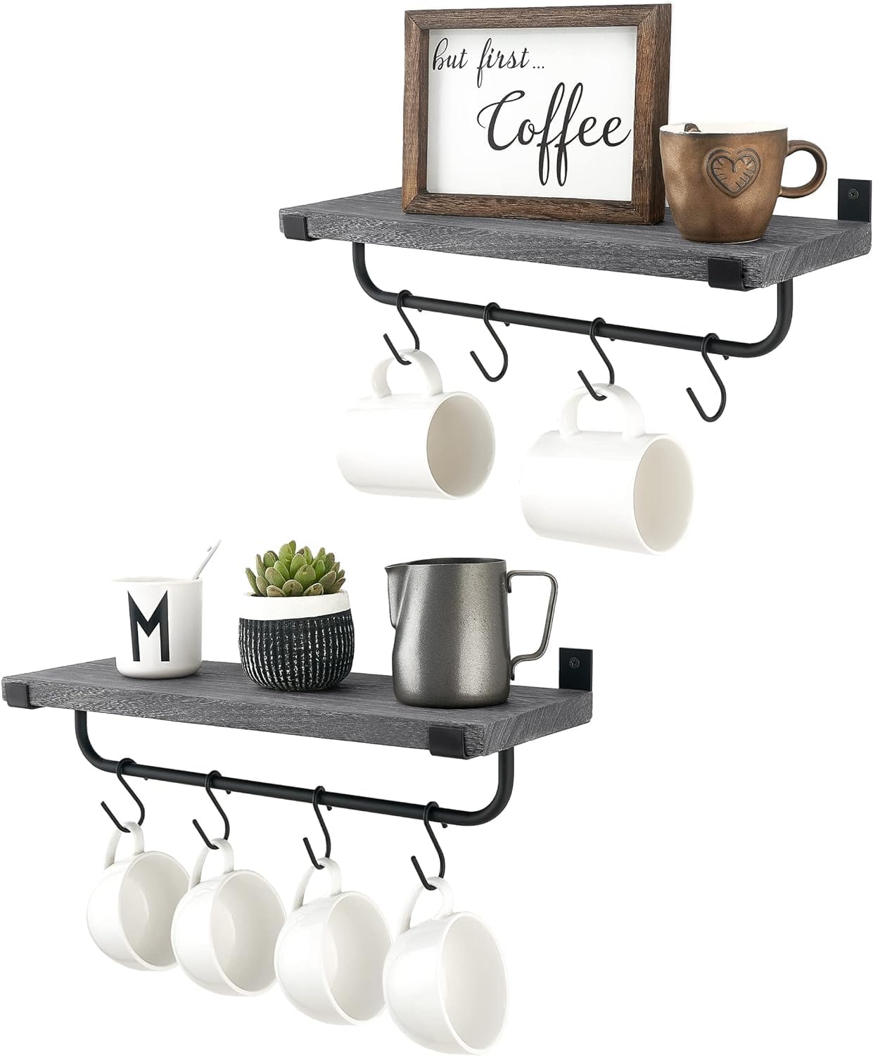 Mkono Mug Holder Wall Mounted Coffee Mug Rack and Coffee Signs, Rustic Floating Shelf for Coffee Bar Accessories Wood Tea Cup Hooks Hanger for Organizing Cooking Utensils, Home Kitchen Decor, Grey