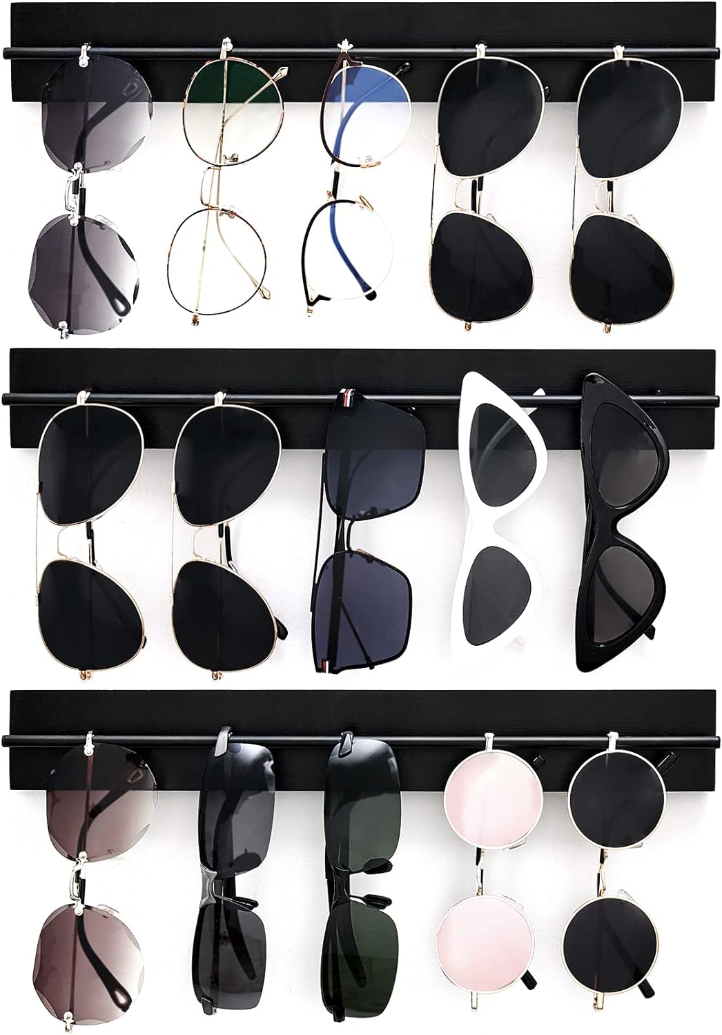 Mkono Wood Sunglasses Storage Organizer Wall Mounted Eyeglasses Holder Eyewear Display Rack Rustic Home Decor, Set of 3, Black