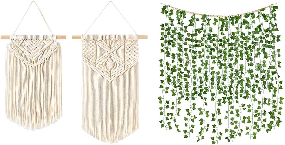 Mkono 2 Pcs Macrame Wall Hanging and Hanging Fake Vines for Boho Wall Hanging Decor for Bedroom Headboard Living Room Dorm Nursery, Set of 3