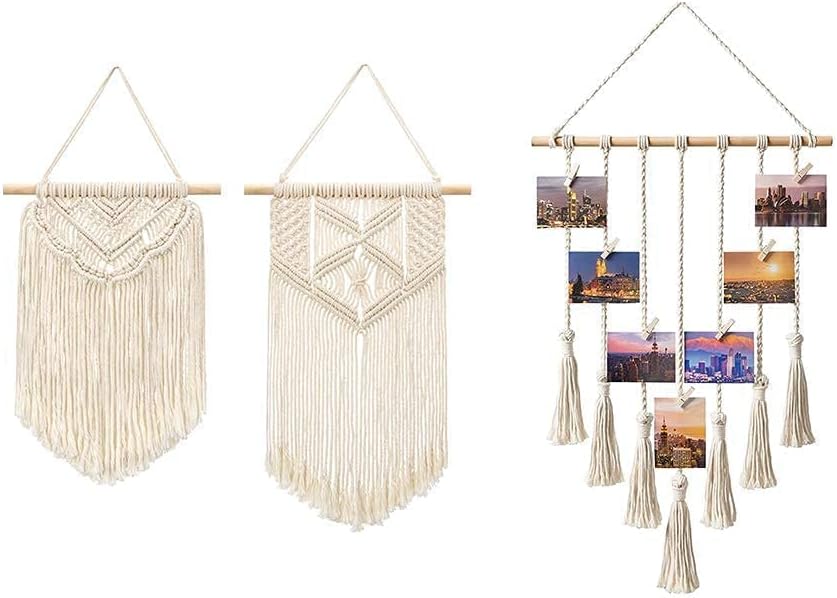 Mkono 2 Pcs Macrame Wall Hanging and Hanging Photo Display Boho Home Decor Ornament Craft Gift for Home Office Nursery Room Dorm