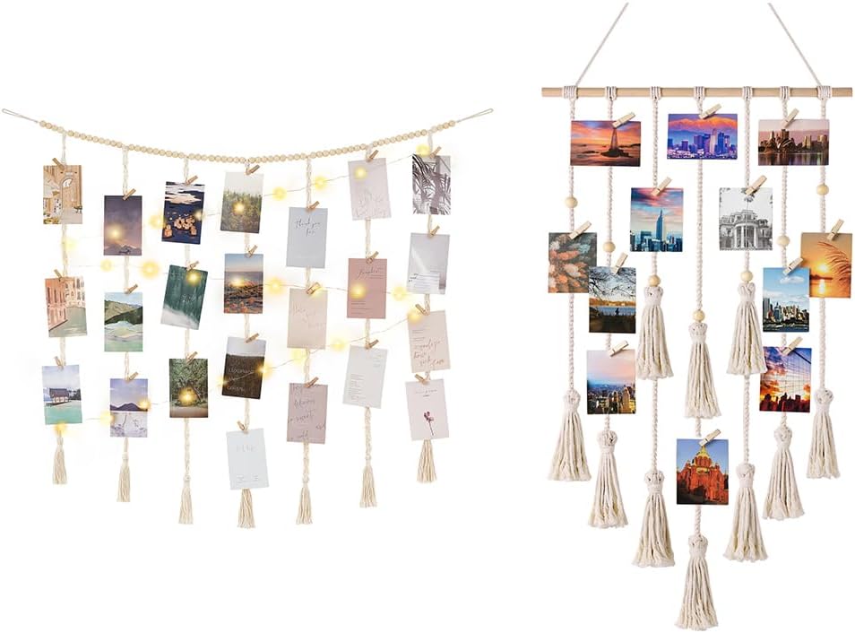 Mkono Macrame Hanging Photo Display Wall Decor with String Lights for Bedroom, Living Room, Nursery Dorm, Teen Girl Gifts, Set of 2