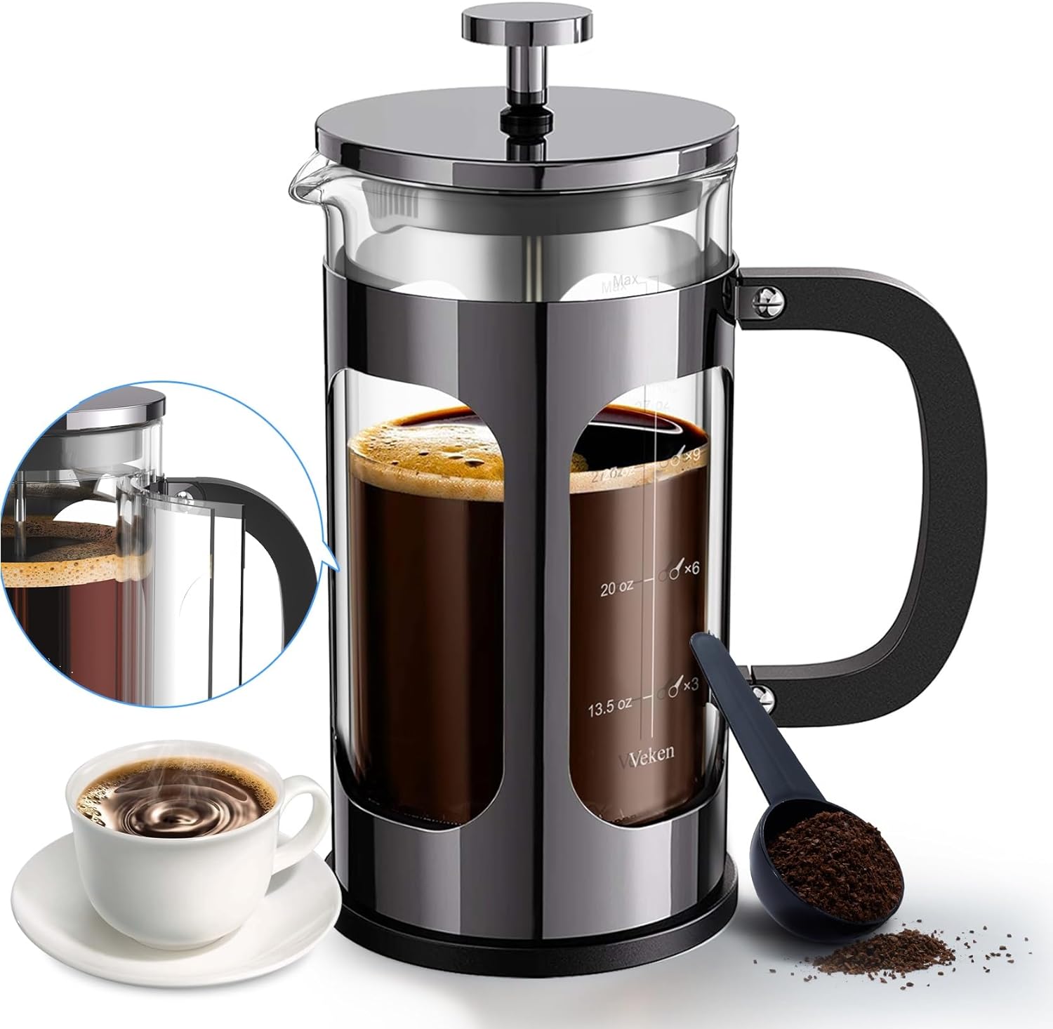 Veken French Press Plunger Coffee Maker Cafetire, Double Wall Heat Resistant Borosilicate Glass Coffee Press,Cold Brew Coffee Pot for Kitchen and Gifts, Dishwasher Safe, Dark Pewter (27 Ounce/800 ml)