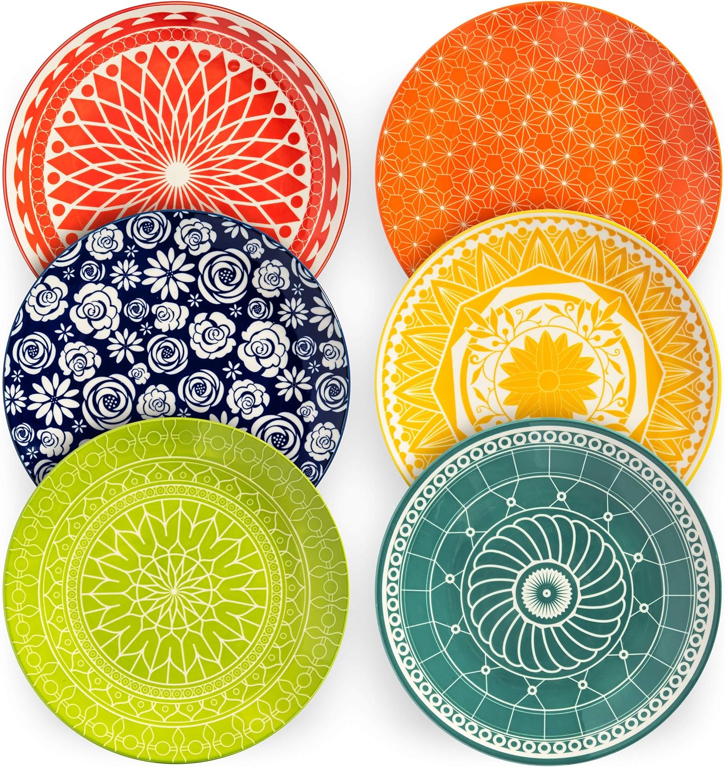 Annovero Dinner Plates, Large Colorful Cute Decorative Porcelain Dinnerware for Salad, Pasta, Serving Dishes for Entertaining, Microwavable, 10.5 Inch Diameter, Set of 6