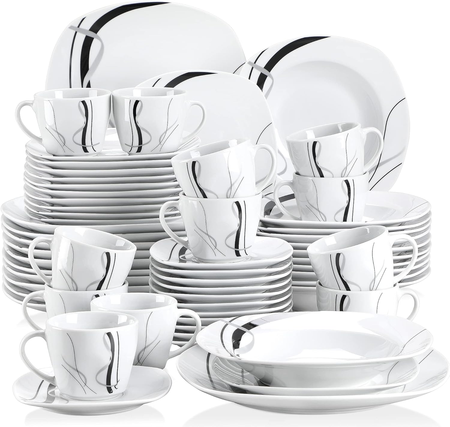 VEWEET, Series Fiona, 60-Piece Ceramic Dinnerware Set with Black and Gray Stripes, Ivory White Porcelain Dinner Set, including Dessert Plates, Soup Plates, Dinner Plates, Cups, Service for 12