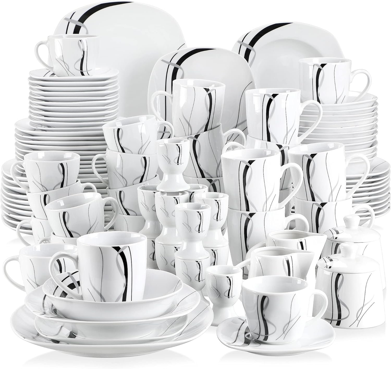 VEWEET, Series Fiona, 100-Piece Plates and Bowls Sets for 12, Including Porcelain Dishes Sets, Bowls, Mugs, Egg Cups, Cup and Saucer Set, Milk Jug and Sugar Pot Set, Microwave and Dishwasher Safe