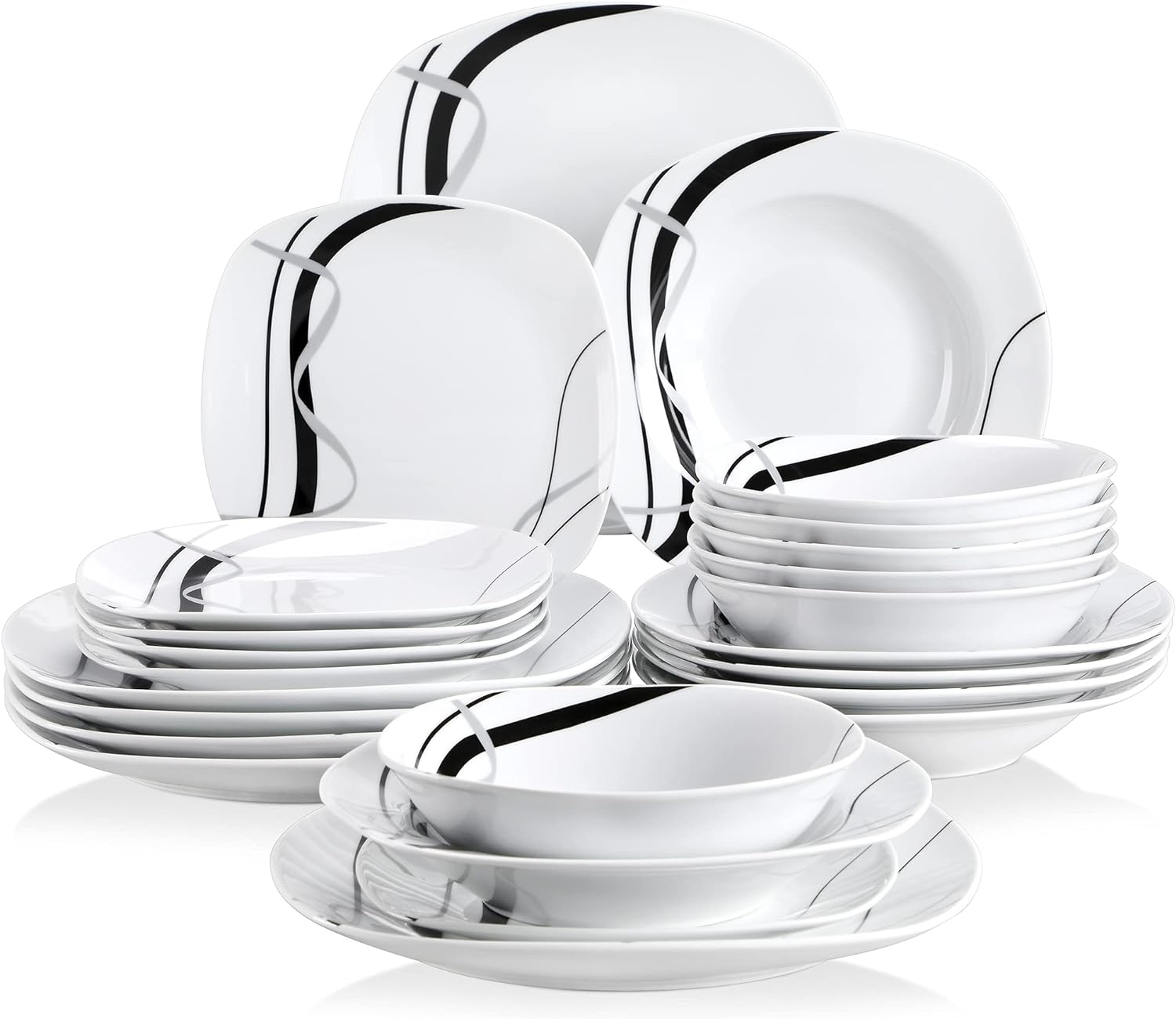 VEWEET, Series Fiona, 24-Piece White Dinnerware Sets for 6, Porcelain Plates and Bowls Sets with Black and Gray Stripes including Bowls, Dinner Plates, Soup Plates, Dessert Plates