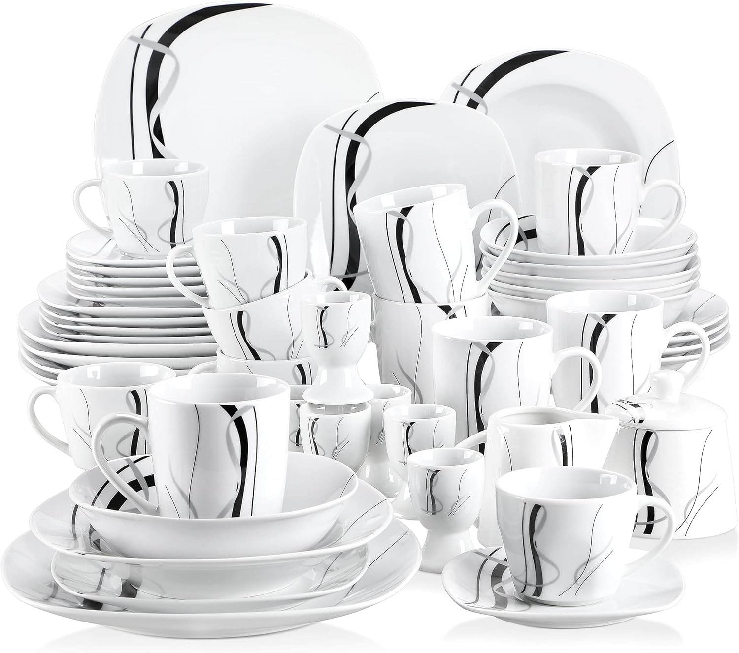 VEWEET, Series Fiona, Dinnerware Sets for 6, 50-Piece Porcelain Dish Set, Including Dinner Plates and Bowls, Mugs, Egg Cups, Cup and Saucer Set, Milk Jug Sugar Pot, Microwave Dishwasher Safe