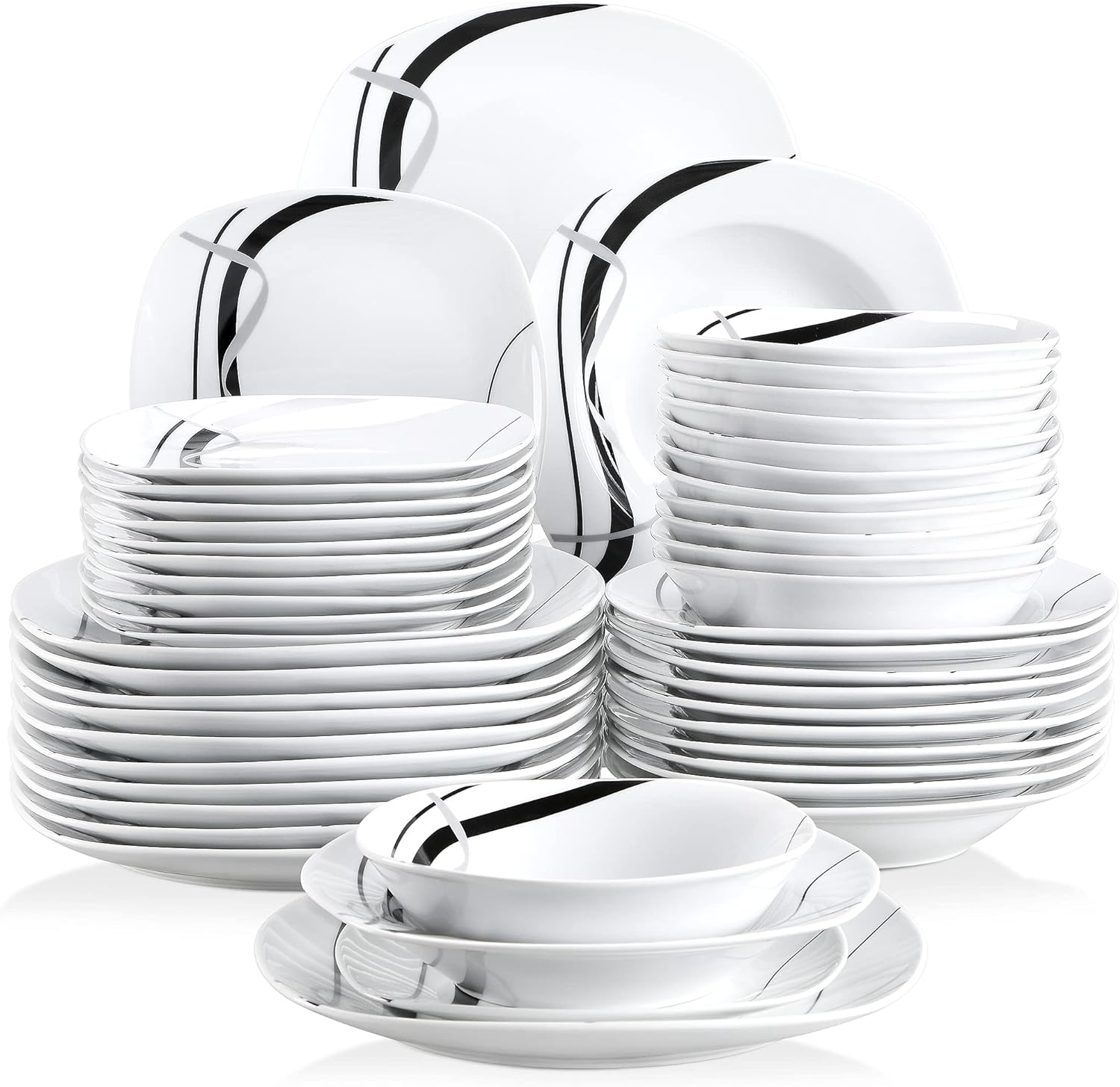 VEWEET, Series Fiona, 48-Piece Ceramic Dinnerware Set with Black and Gray Stripes, Ivory White Porcelain Square Dinner Set, including Bowls, Dessert Plates, Soup Plates, Dinner Plates, Service for 12