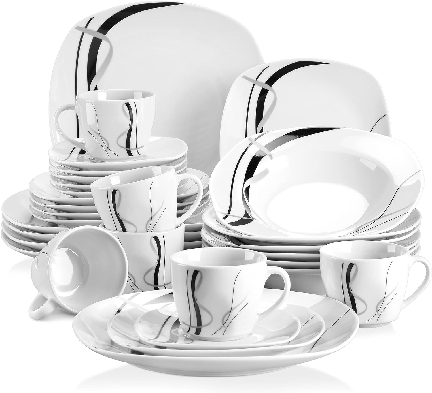 VEWEET, Series Fiona, 30-Piece Dinnerware Sets for 6, White Dishes Set with Black and Gray Stripes, Porcelain Dinner Set Including Dessert Plates, Soup Plates, Dinner Plates, Cups & Saucers