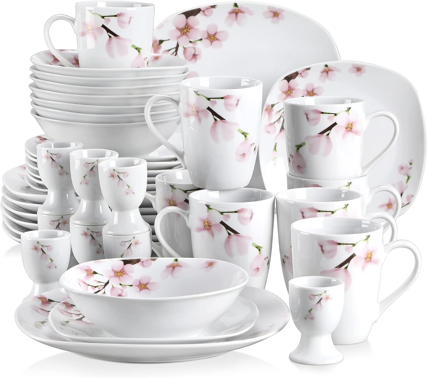 VEWEET, Series Annie, 40-Piece Porcelain Dinnerware Set with Pink Floral, White Plates and Bowls Sets including Dinner Plates, Dessert Plates, Mugs and Egg Cups, Service for 8