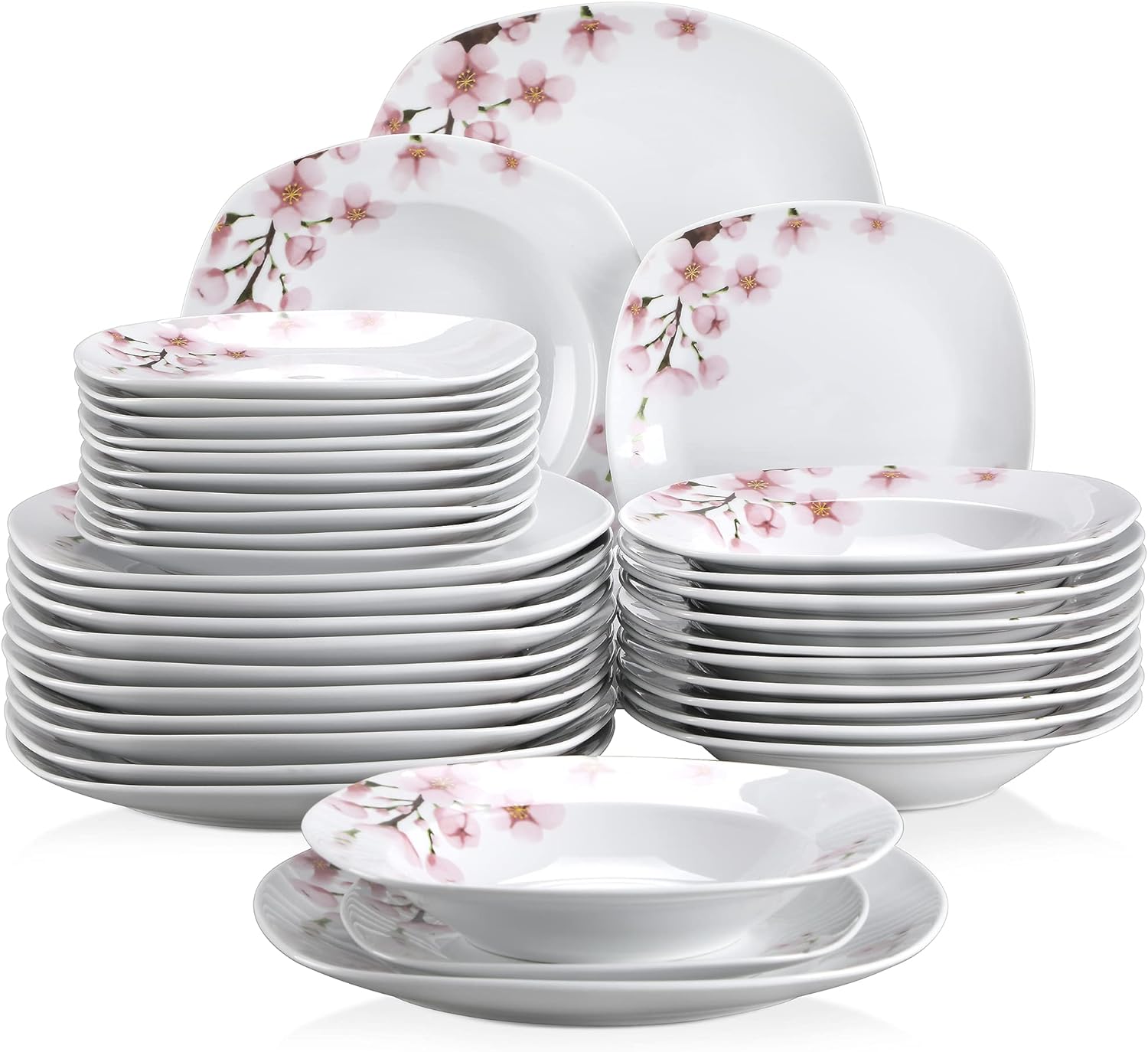 VEWEET, Series Annie, 36-Piece Ivory White Ceramic Porcelain Dinnerware Set with Pink Floral Pattern, including Dinner Plates, Dessert Plates, Soup Plates, Service for 12