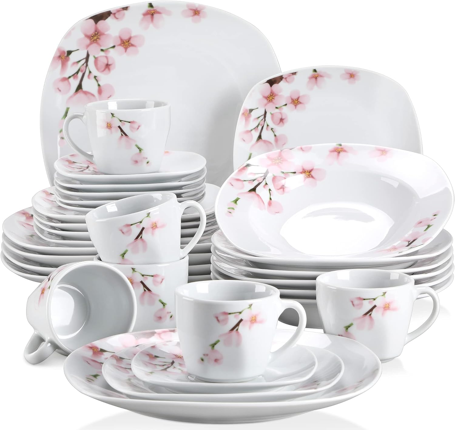 VEWEET, Series Annie, Porcelain Dinnerware Sets for 6, White Dish Set with Pink Floral, 30 PCS Dinner Sets Including Dinner Plates, Dessert Plates, Soup Plates Set, Cups & Saucers