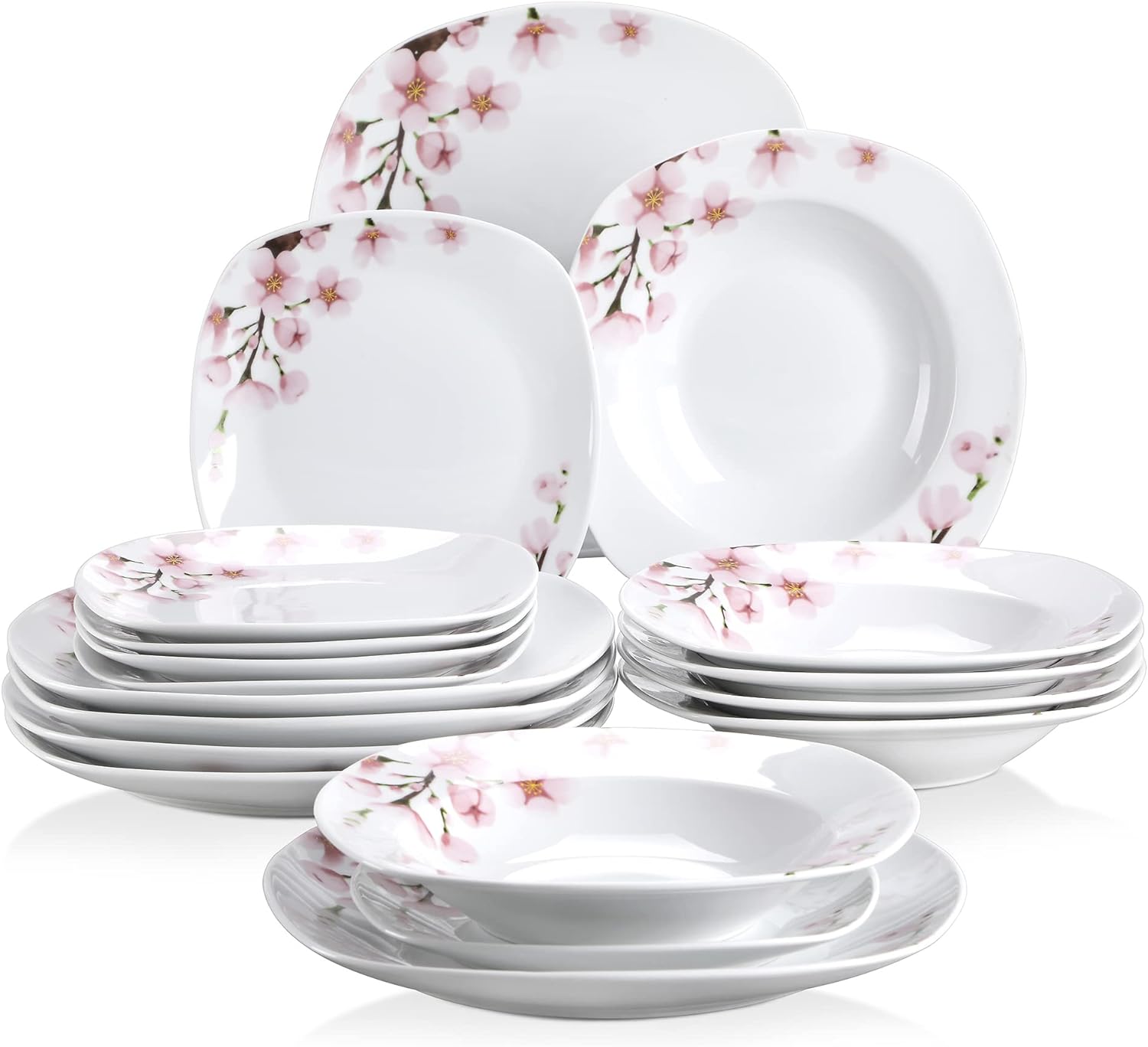 VEWEET, Series Annie, 18-Piece Ivory White Ceramic Porcelain Dinnerware Set with Pink Floral Pattern, including Dinner Plates, Dessert Plates, Soup Plates, Service for 6