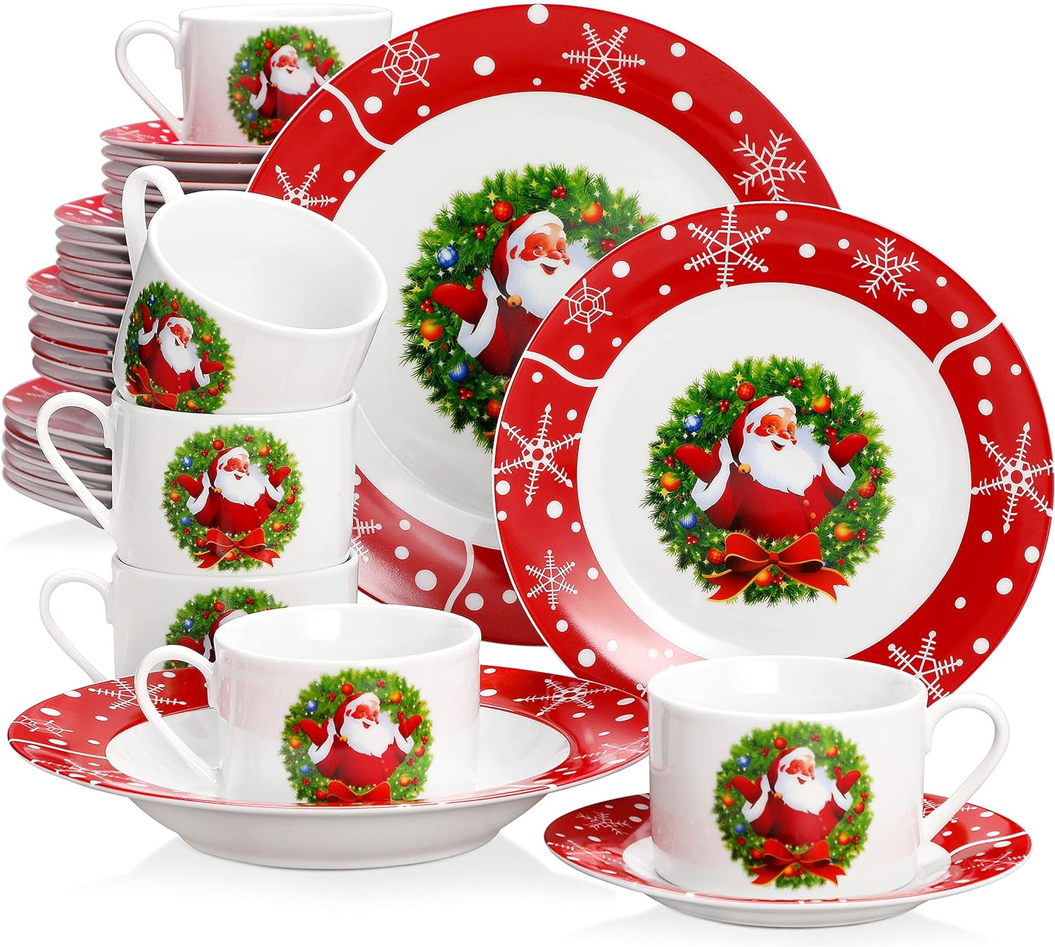 VEWEET Christmas Dinnerware Sets for 6, 30 Piece Ceramic Christmas Dishes Set, Santa Claus Dinner Sets with Dinner Plate, Dessert Plate, Soup Plate, Cup, Saucer, Service for 6, Santa Claus Series