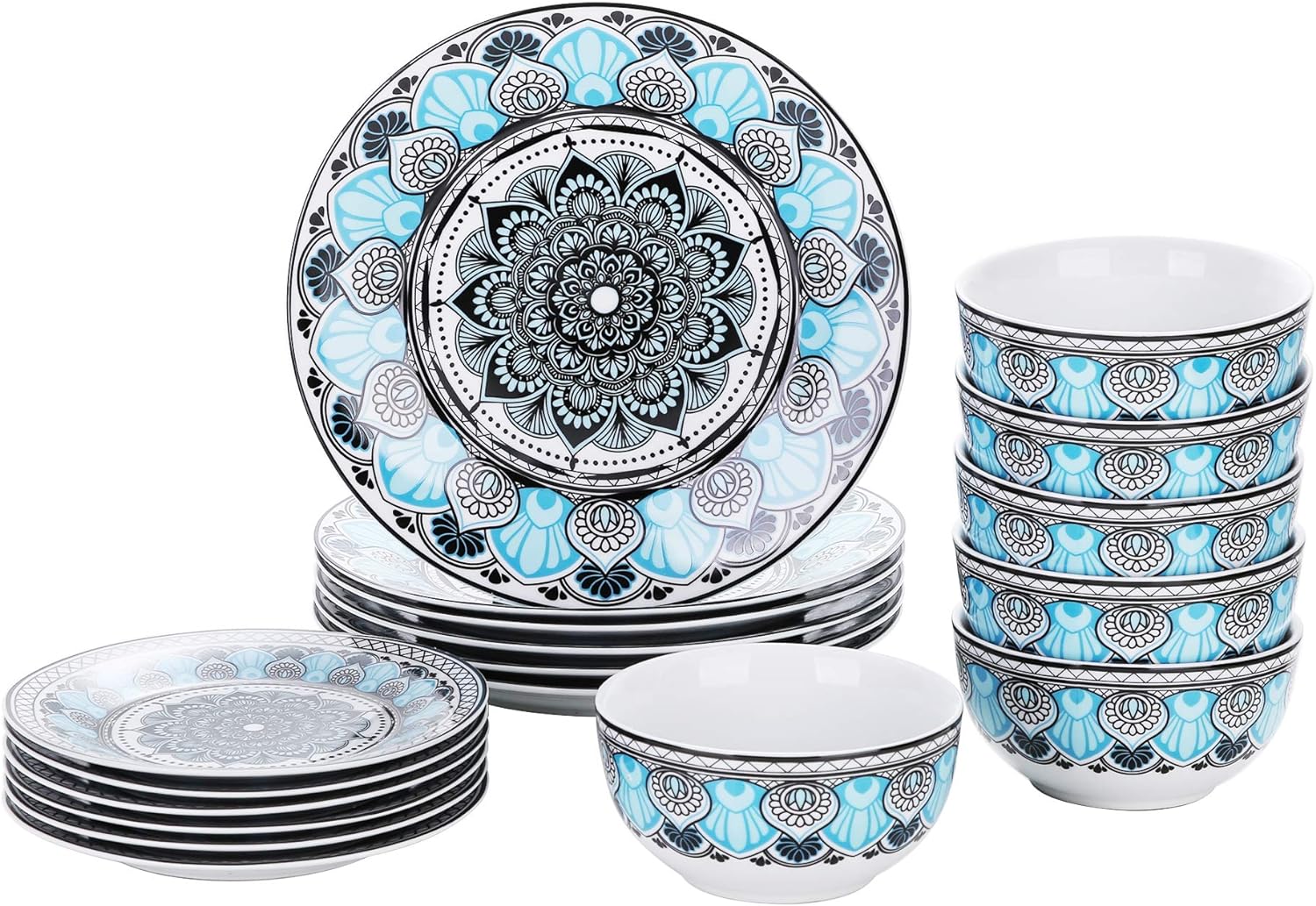 VEWEET, Series Audrie, Porcelain Dinnerware Sets for 6, 18 PCS Ceramic Plates and Bowls Sets with Patterned Floral, including Dinner Plates, Dessert Plates, Cereal Bowls, Microwave & Dishwasher Safe