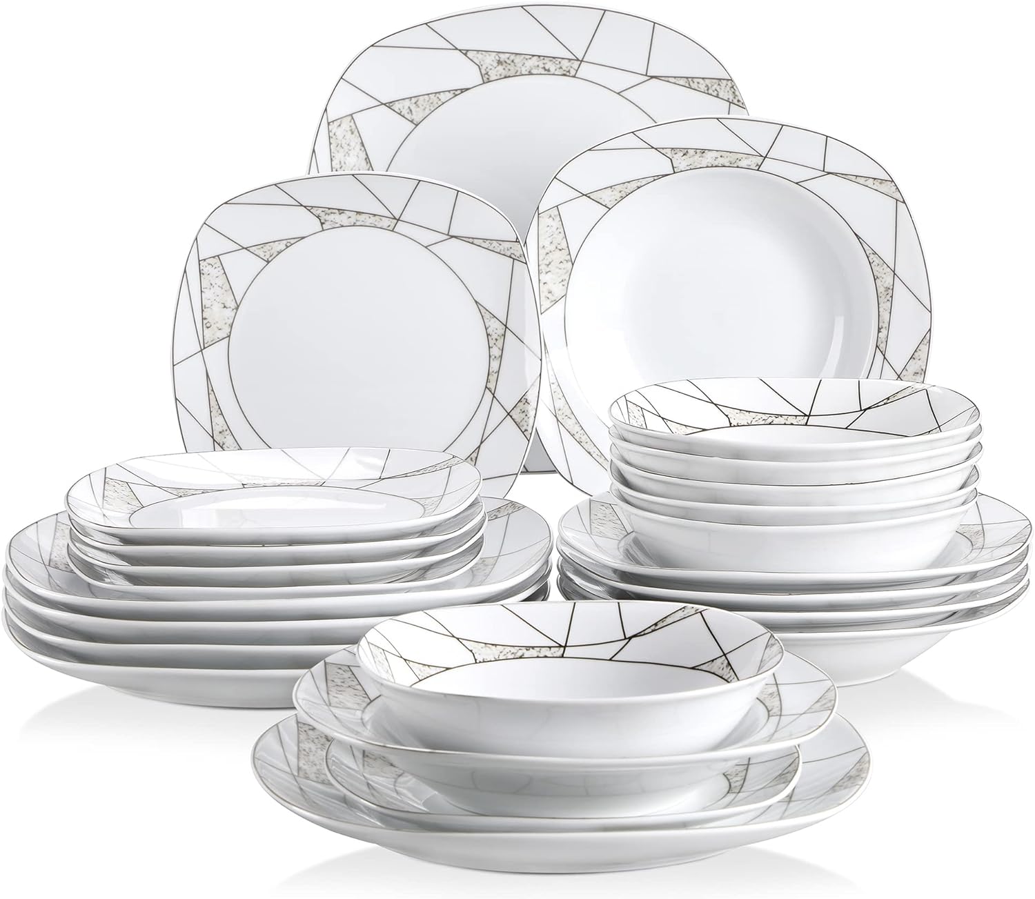 VEWEET, Series Serena, 24-Piece Ivory White Porcelain Ceramic Dinnerware Set irregular Patterns Square Tableware Set with Dinner Plate, Soup Plate, Dessert Plate, Bowl, Service for 6