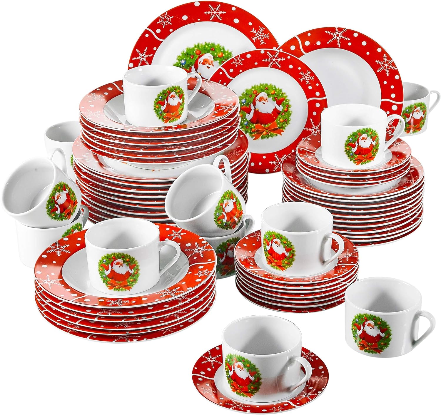 VEWEET Christmas Dinnerware Sets, 60 Piece Ceramic Christmas Dishes Set, Santa Claus Pattern Dinner Sets with Dinner Plate, Dessert Plate, Soup Plate, Cup, Saucer, Service for 12, Santa Claus Series