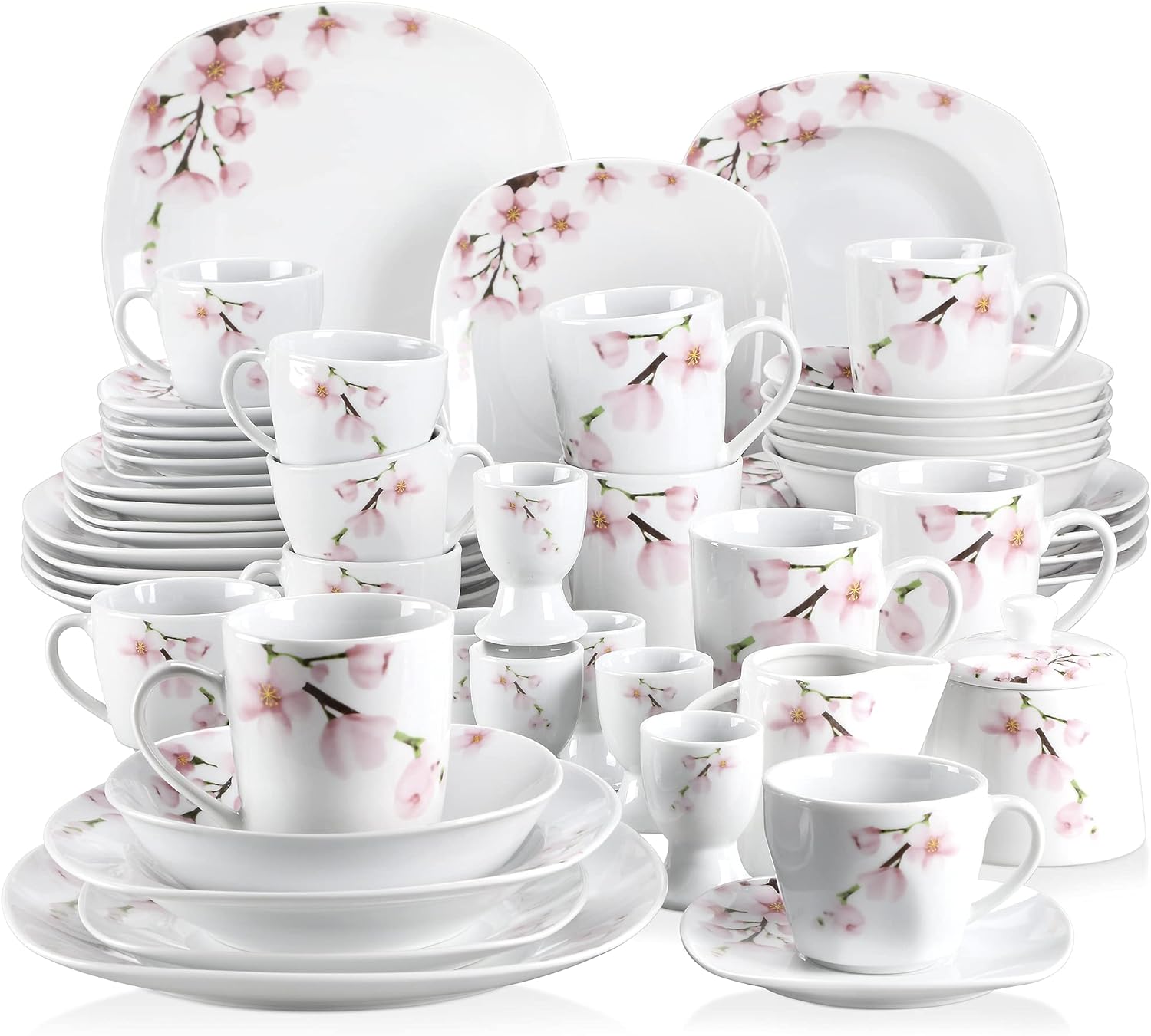 VEWEET, Series Annie, 50 PCS Floral Dinnerware Sets for 6, Including Porcelain Plates and Bowls Sets with Mugs, Egg Stands, Cup and Saucer Set, Milk Jug and Sugar Pot Set, Microwave Dishwasher Safe