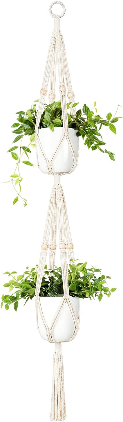 Mkono Macrame Double Plant Hanger Indoor Outdoor 2 Tier Hanging Planter Basket Cotton Rope with Beads 4 Legs 49 Inches