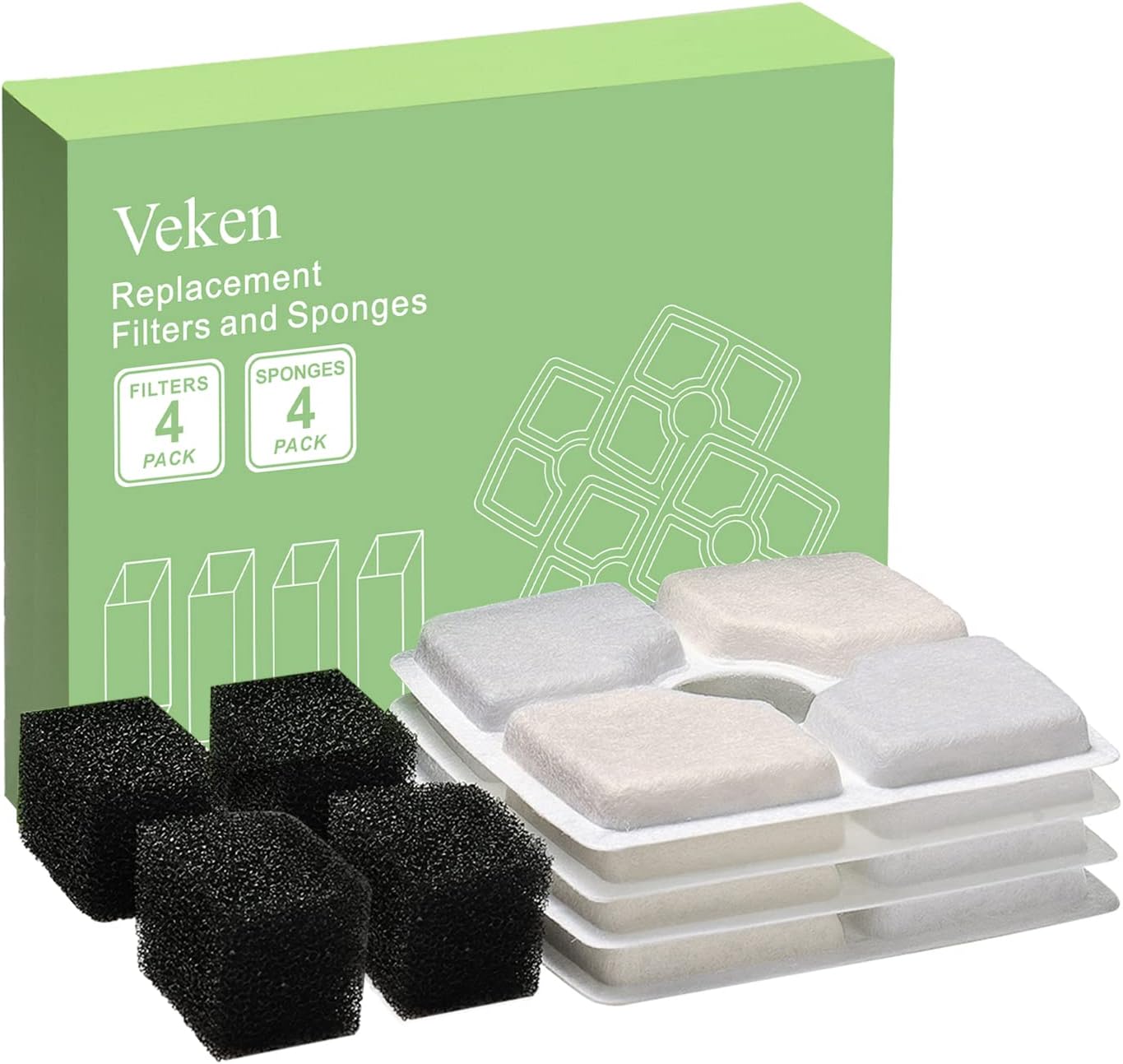 Veken 4 Pack Replacement Filters & 4 Pack Replacement Pre-filter Sponges for Automatic Pet Fountain Cat Water Fountain Dog Water Dispenser