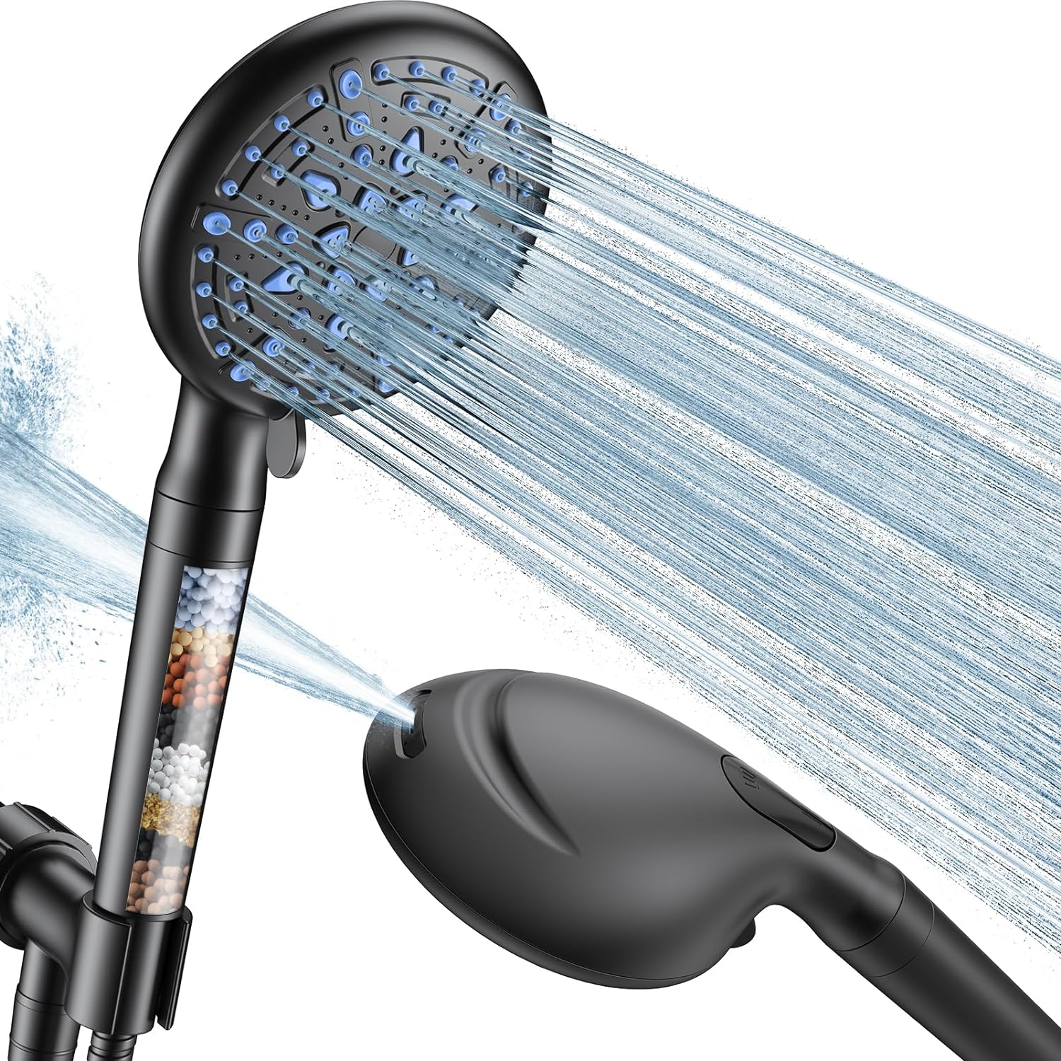 Veken Filtered Shower Head with Handheld - Polished, 9 Unique Settings, 70 Inch Hose, Anti-Clog Nozzles, Multiple Spray Modes - Matte Black