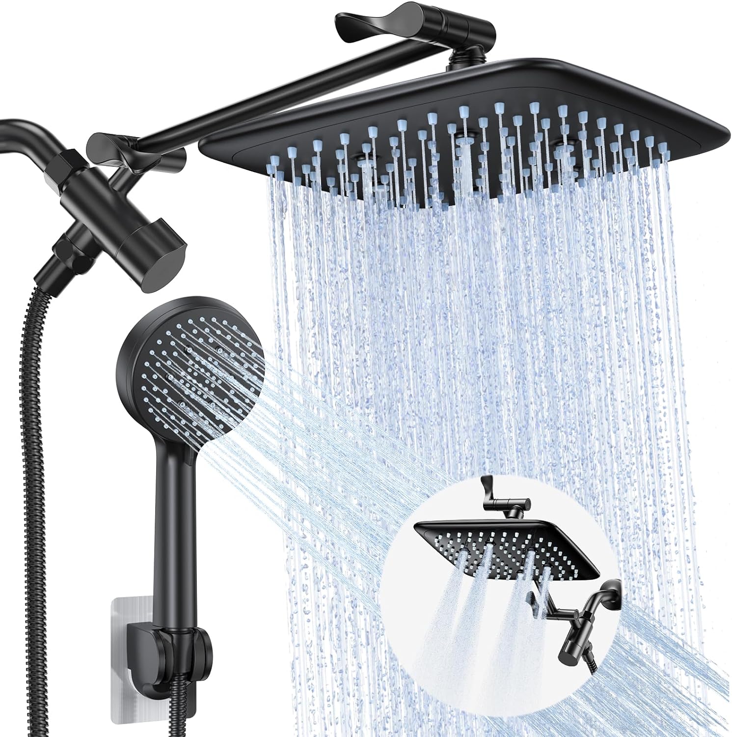 Veken 10'' Square High Pressure Rain Shower Head Combo with Extension Arm- Easy to Install Wide Rainfall Showerhead with 3 Water Spray Modes  Adjustable Dual Showerhead