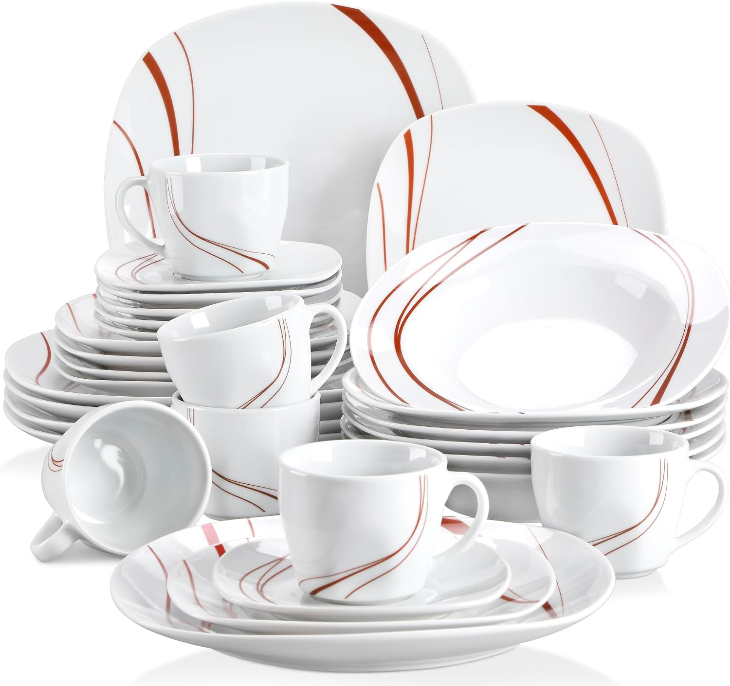 VEWEET, Series BONNIE, 30-Piece Ivory White Porcelain China Ceramic Dinner Combi-Set with Orange Stripe Patterns Design, Dessert Plates/Soup Plates/Dinner Plates/Cups/Saucers, Service for 6