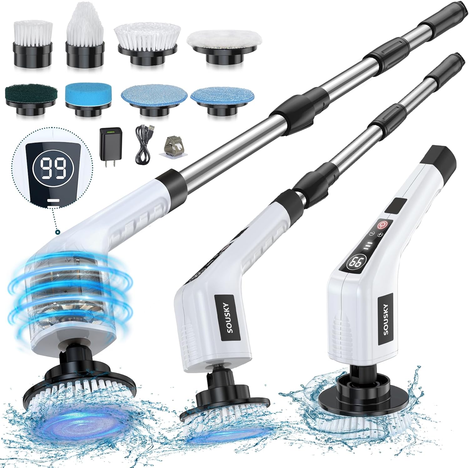 Electric Spin Scrubber, Cordless Cleaning Brush Power Shower with Real-time Power Display Screen, 8 Brush Heads 3 Speeds 140Mins Work Time Adjustable Extension Arm for Bathroom Tub Kitchen Floor Car