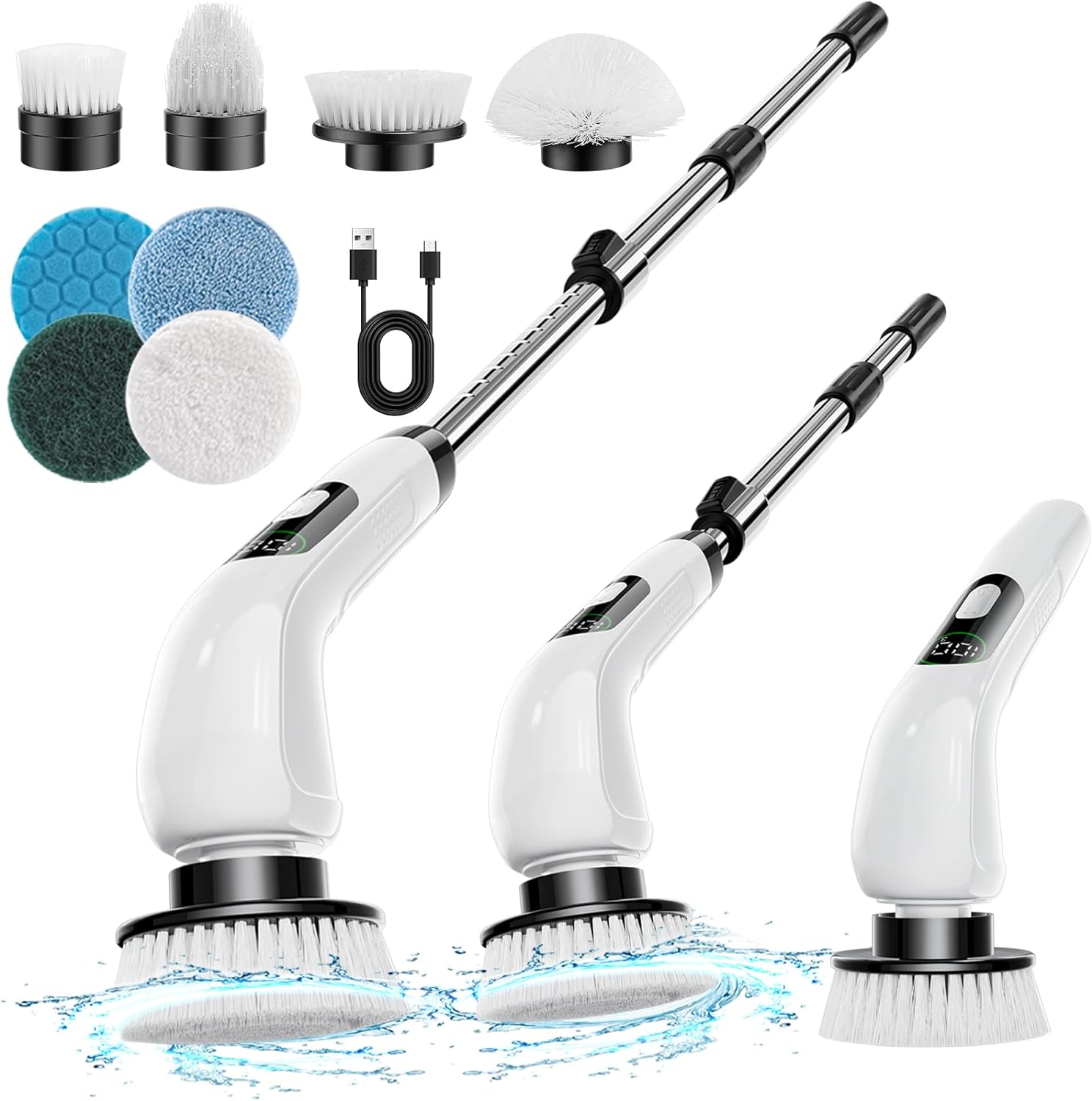 Electric Spin Scrubber, 2023 New Cordless Shower Scrubber with 8 Replaceable Brush Heads and Adjustable Extension Handle, Power Cleaning Brush for Bathroom, Kitchen, Car, Tile, Wall, Floor-White