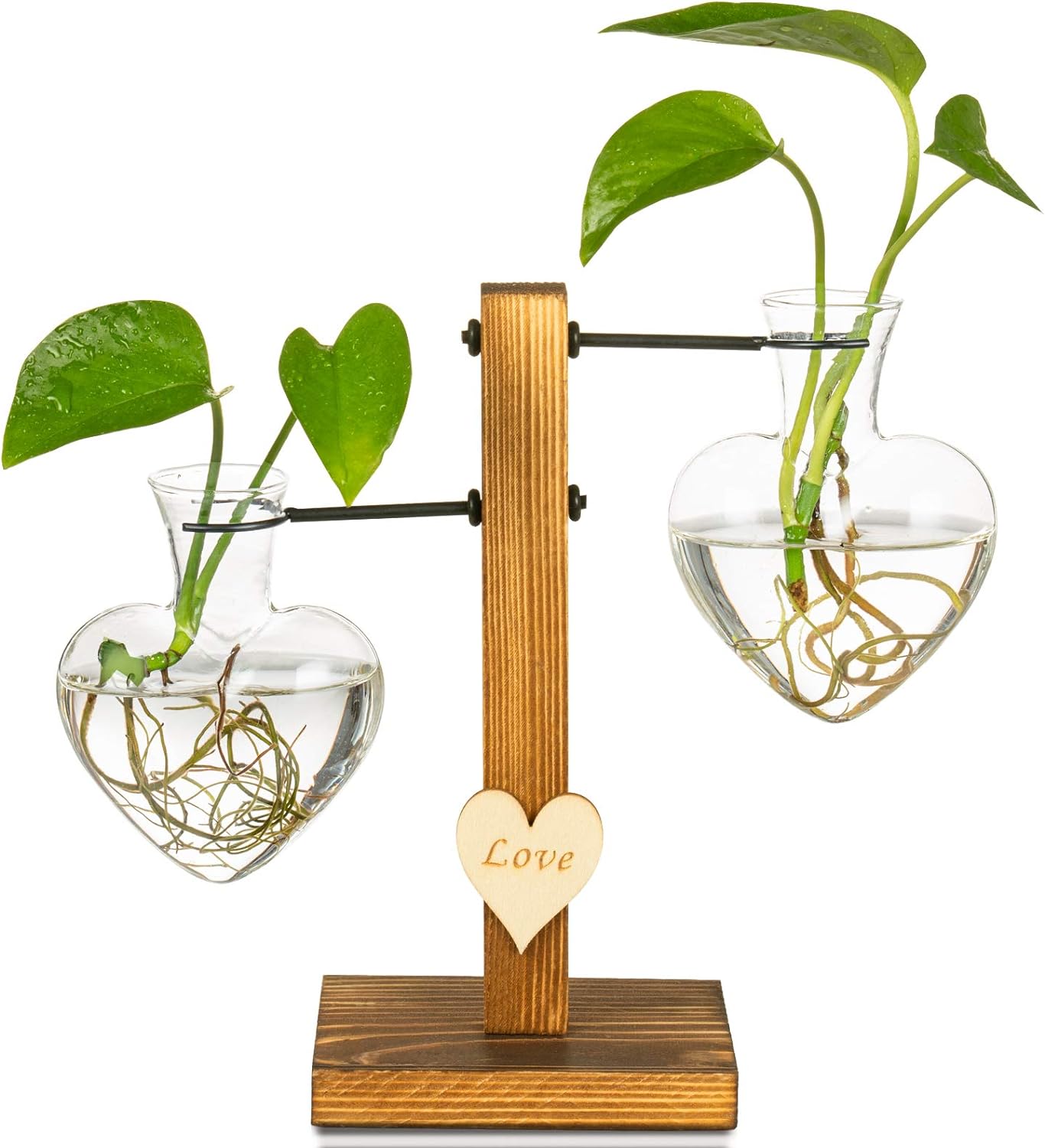 Kingbuy Hydroponic Glass Vase Vintage Desktop Plant Terrarium Planter Bulb Vase Water Planting Propagation Vase Planters Hydroponics Plants with Retro Wooden Stand Home Garden. (E Heart Vase