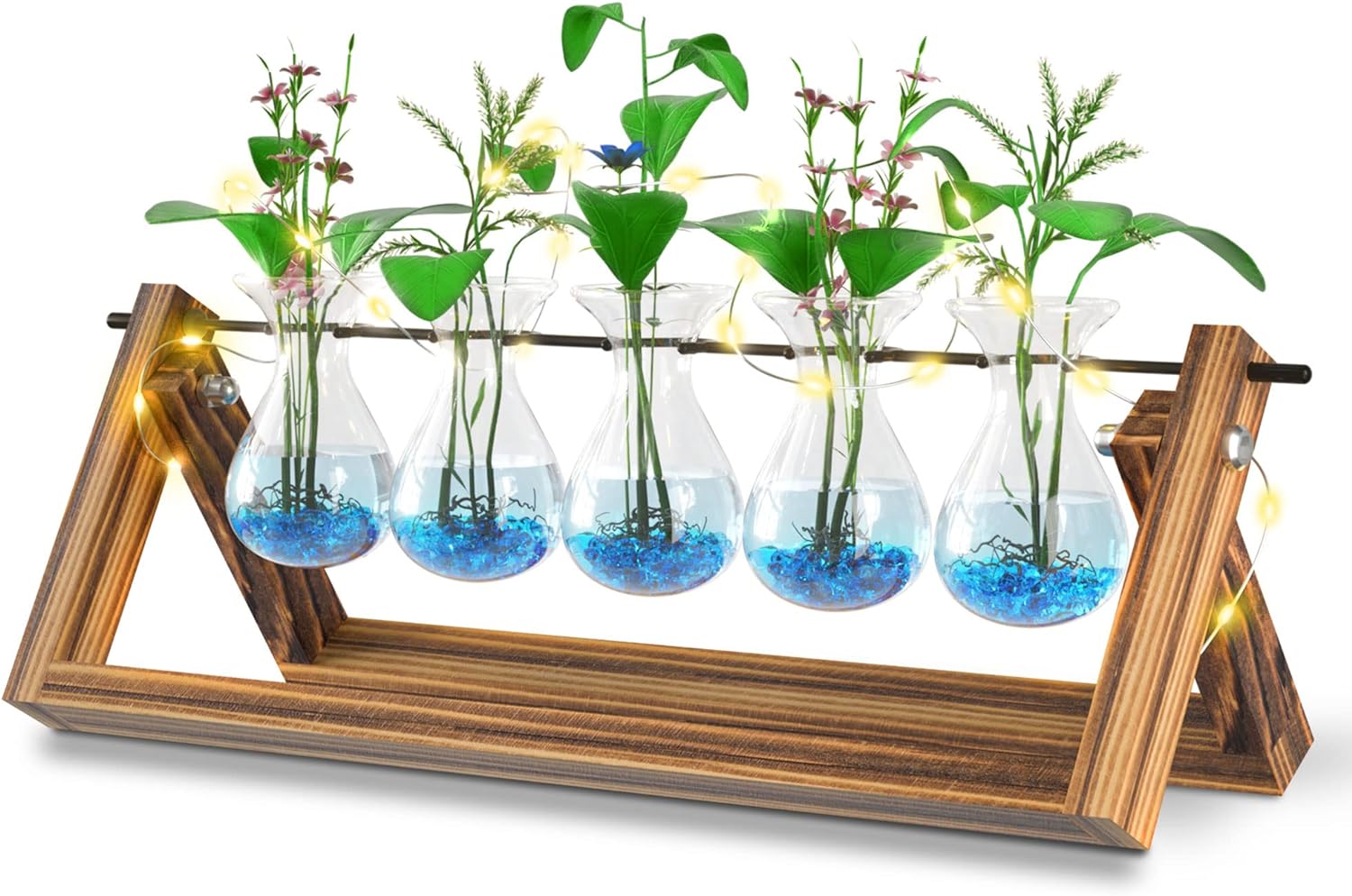 EVEAGE Plant Propagation Station, Water Propagation Station, Propogation Planters Glass with Fairy Lights, Propagation Vase, Wooden Stand Tabletop Plant Terrarium for Indoor - New Upgraded 5 Bulb Vase